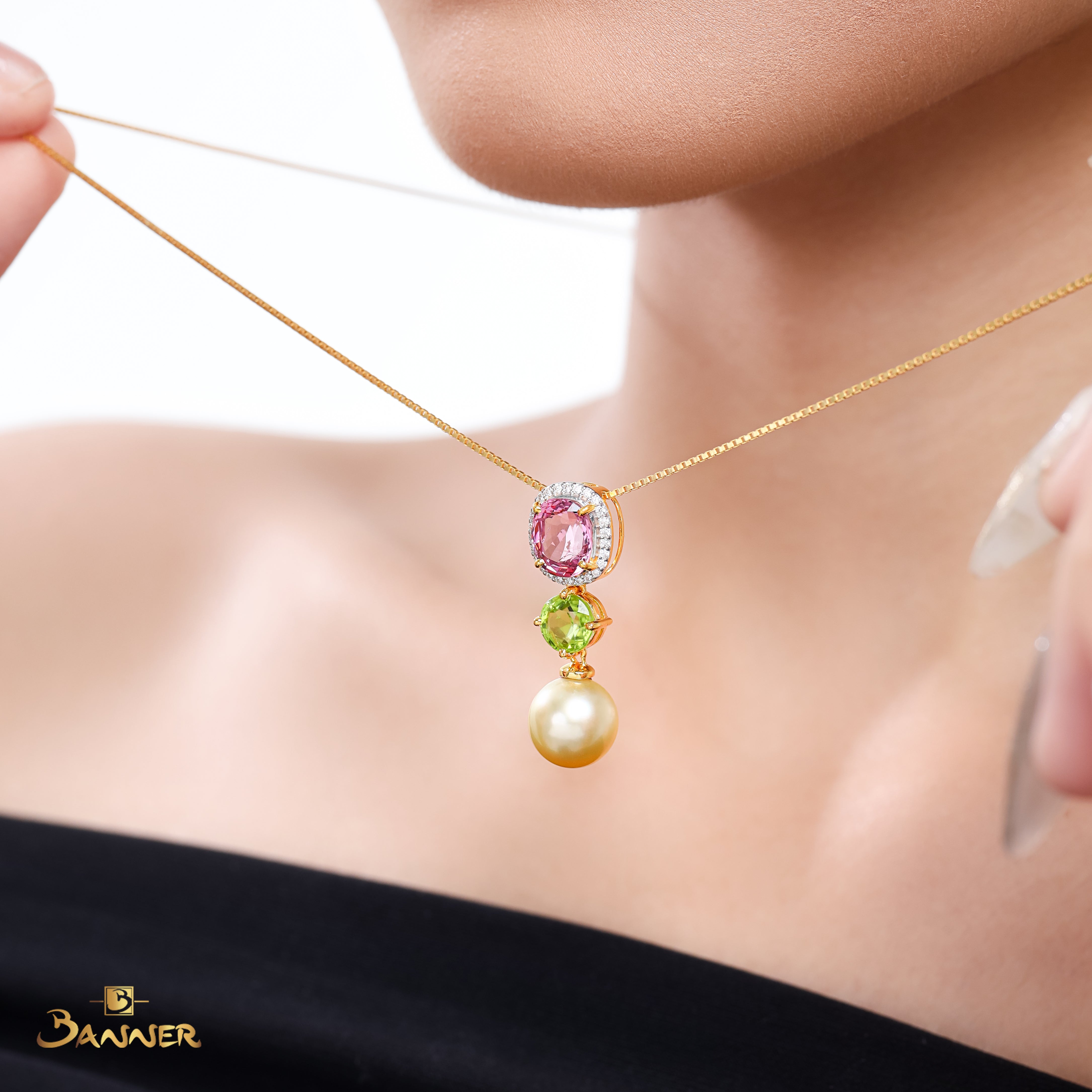 Pink Spinel, Peridot, Pearl and Diamond Pendant