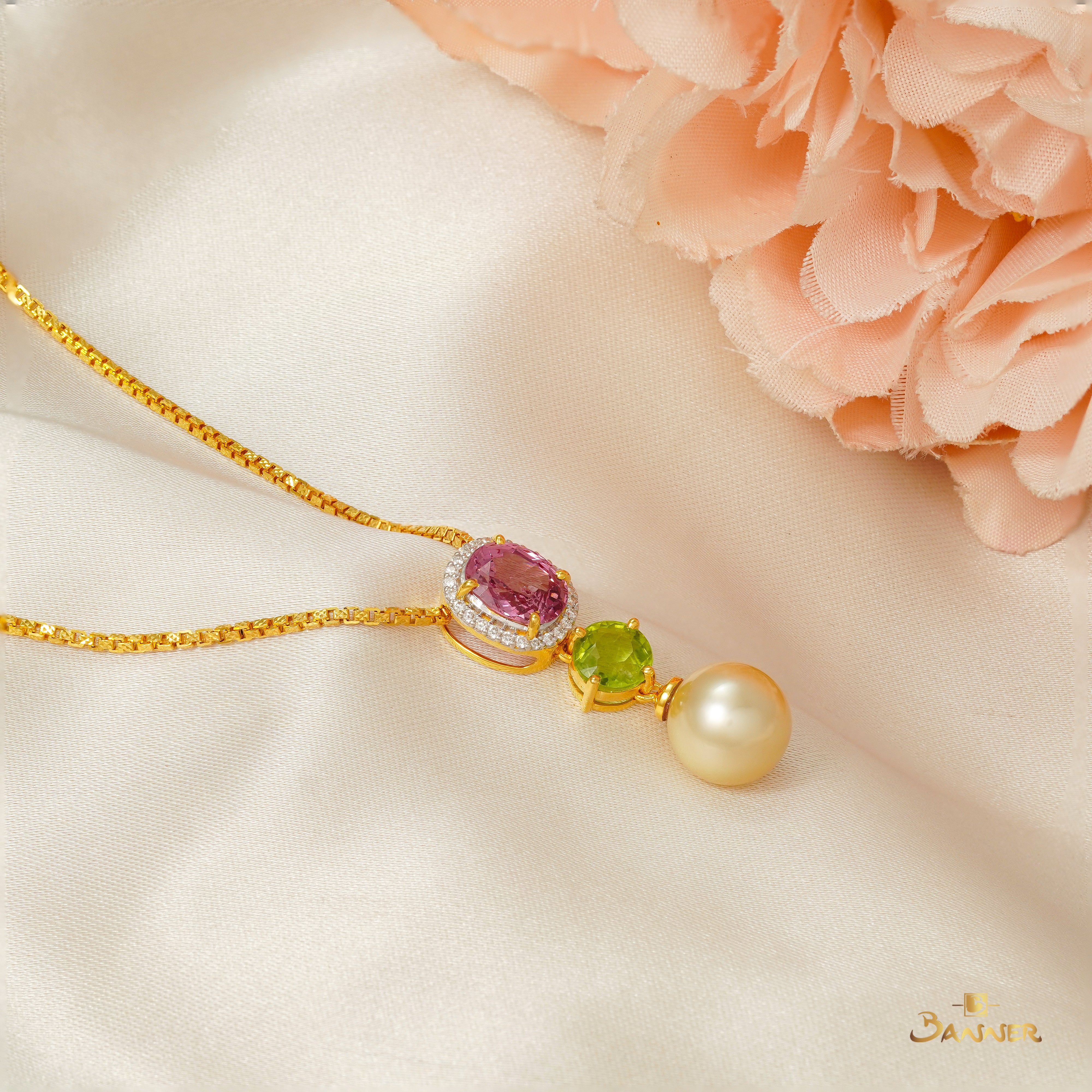 Pink Spinel, Peridot, Pearl and Diamond Pendant