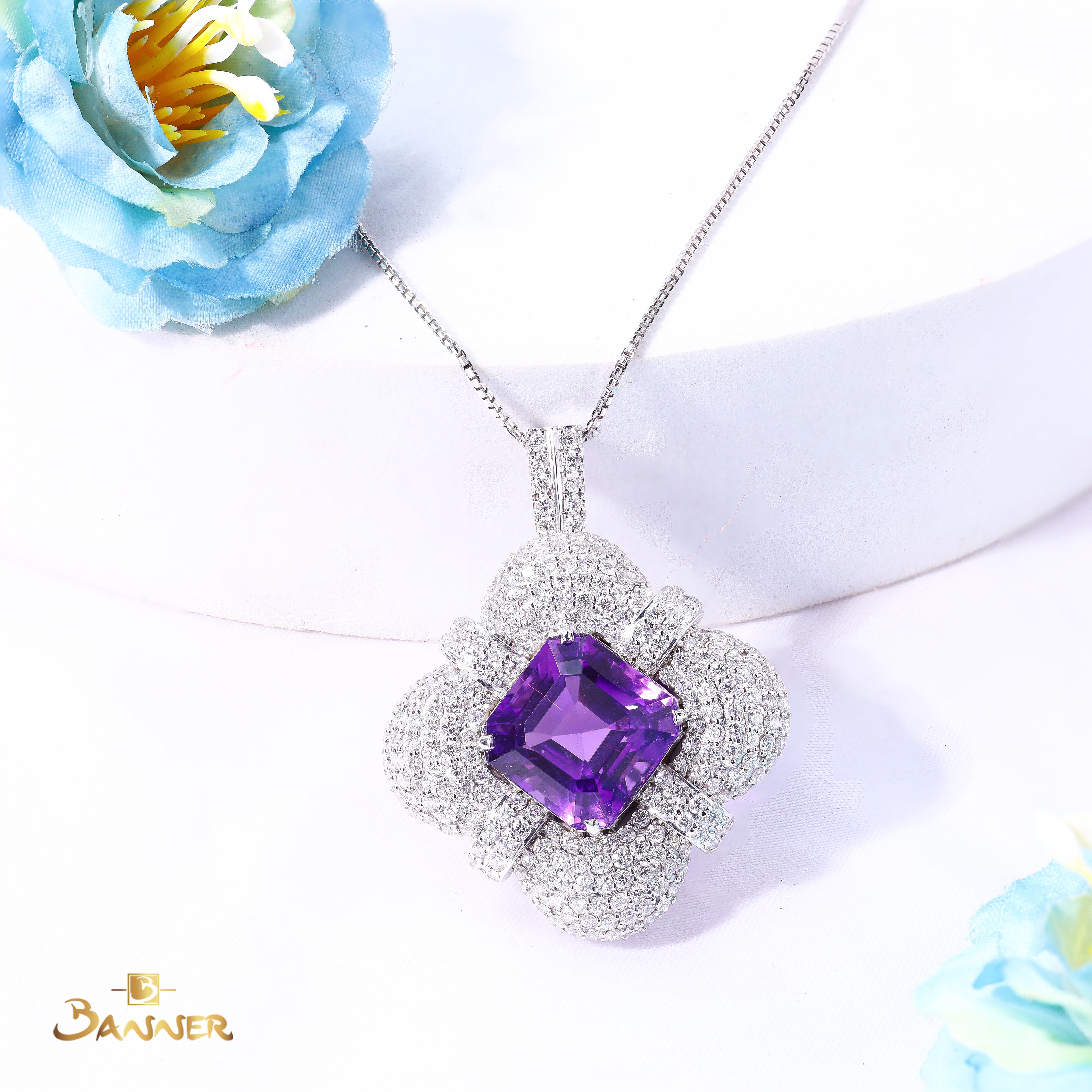 Amethyst and Diamond Petal Brooch / Pendant