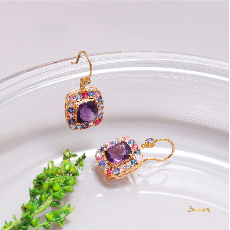Amethyst and Multi-Colored Sapphire Halo Earrings