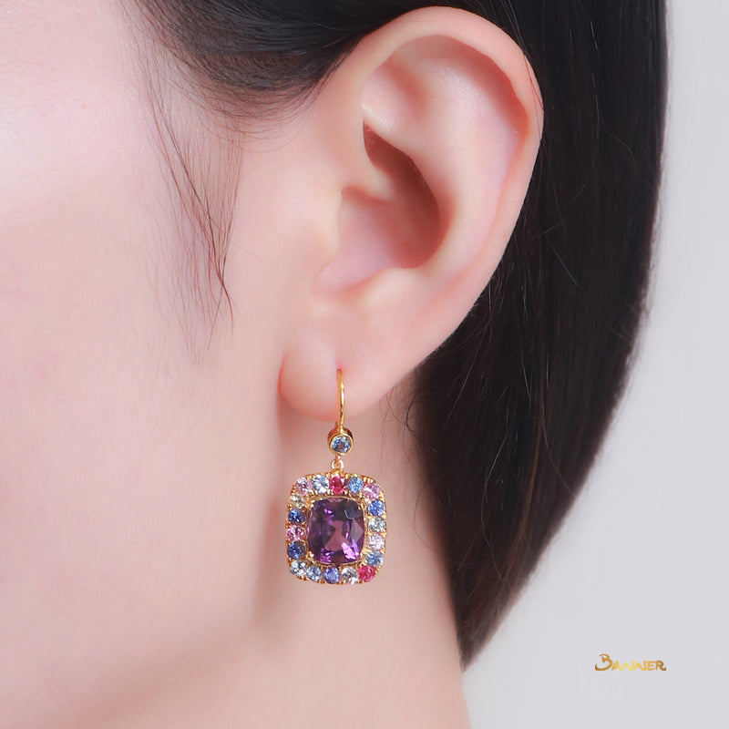Amethyst and Multi-Colored Sapphire Halo Earrings