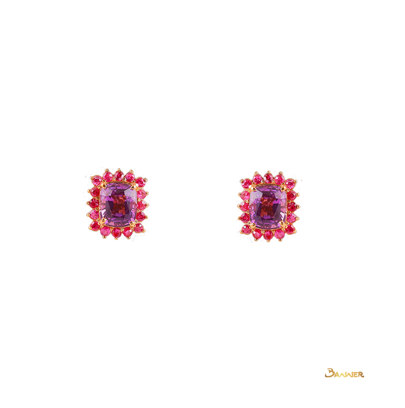 Cushion-cut Amethyst and Ruby Halo Earrings