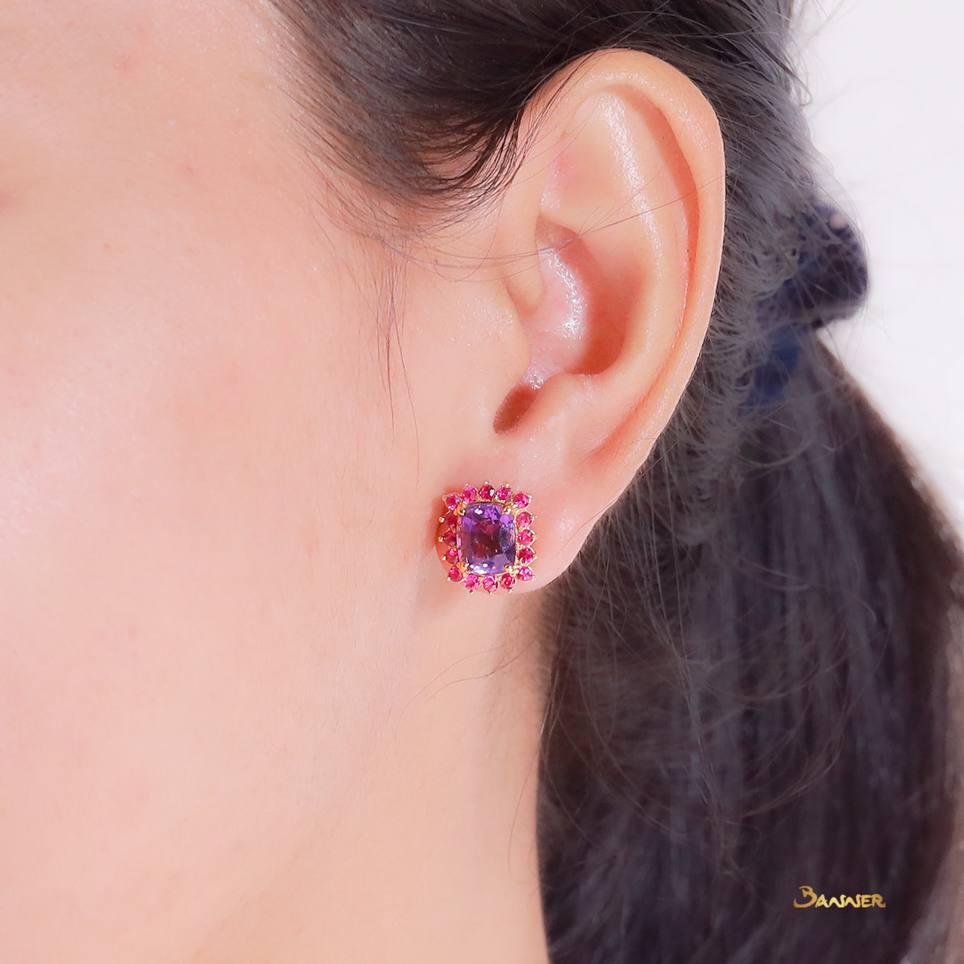 Cushion-cut Amethyst and Ruby Halo Earrings