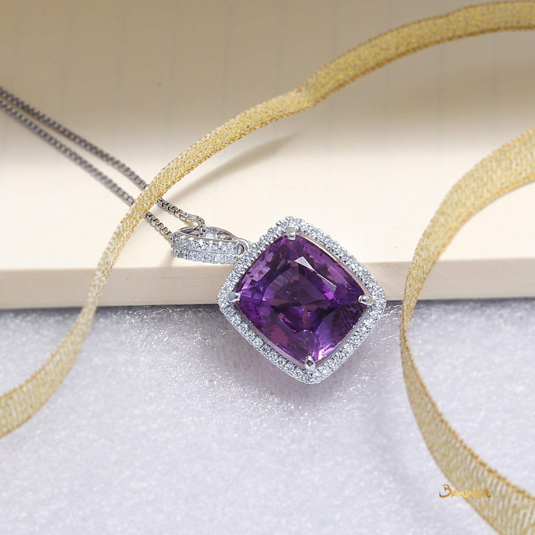 Amethyst Cushion and Diamond Halo Pendant