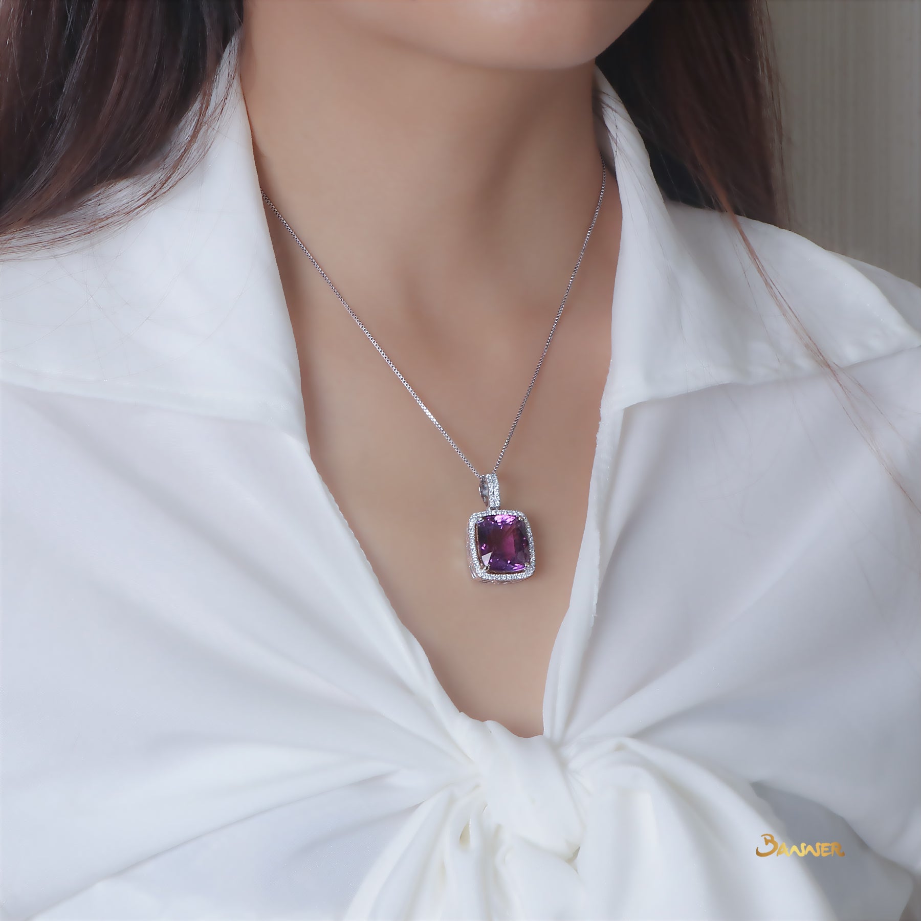 Amethyst Cushion and Diamond Halo Pendant