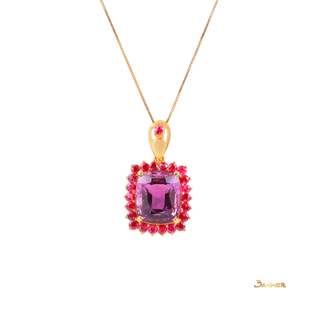 Cushion-cut Amethyst and Ruby Halo Pendant