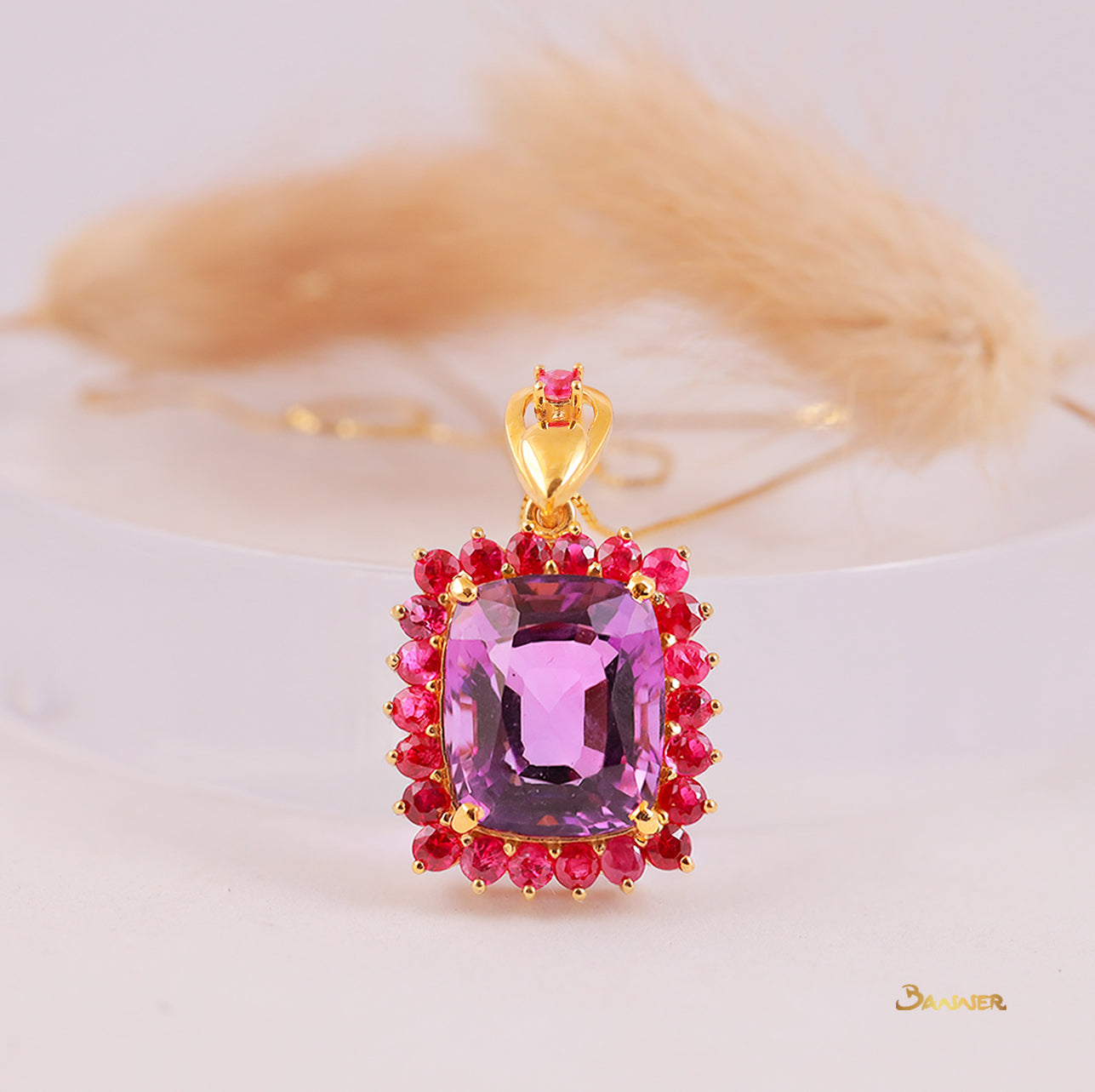 Cushion-cut Amethyst and Ruby Halo Pendant