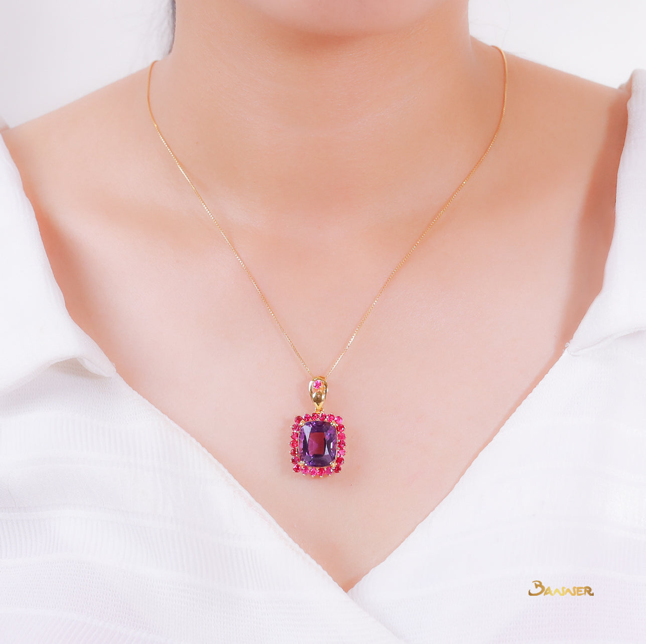 Cushion-cut Amethyst and Ruby Halo Pendant