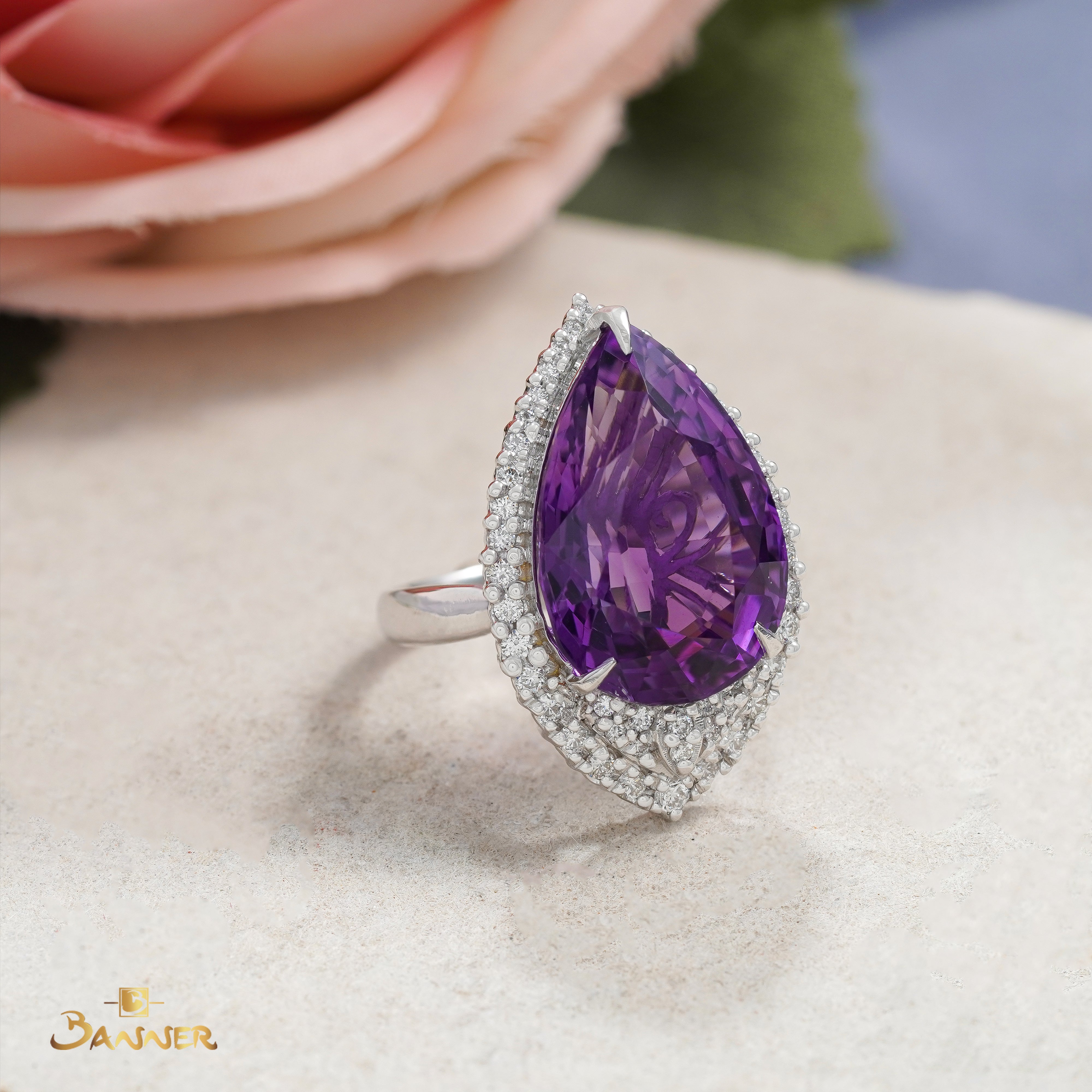 Amethyst and Diamond Pear Shape Halo Ring
