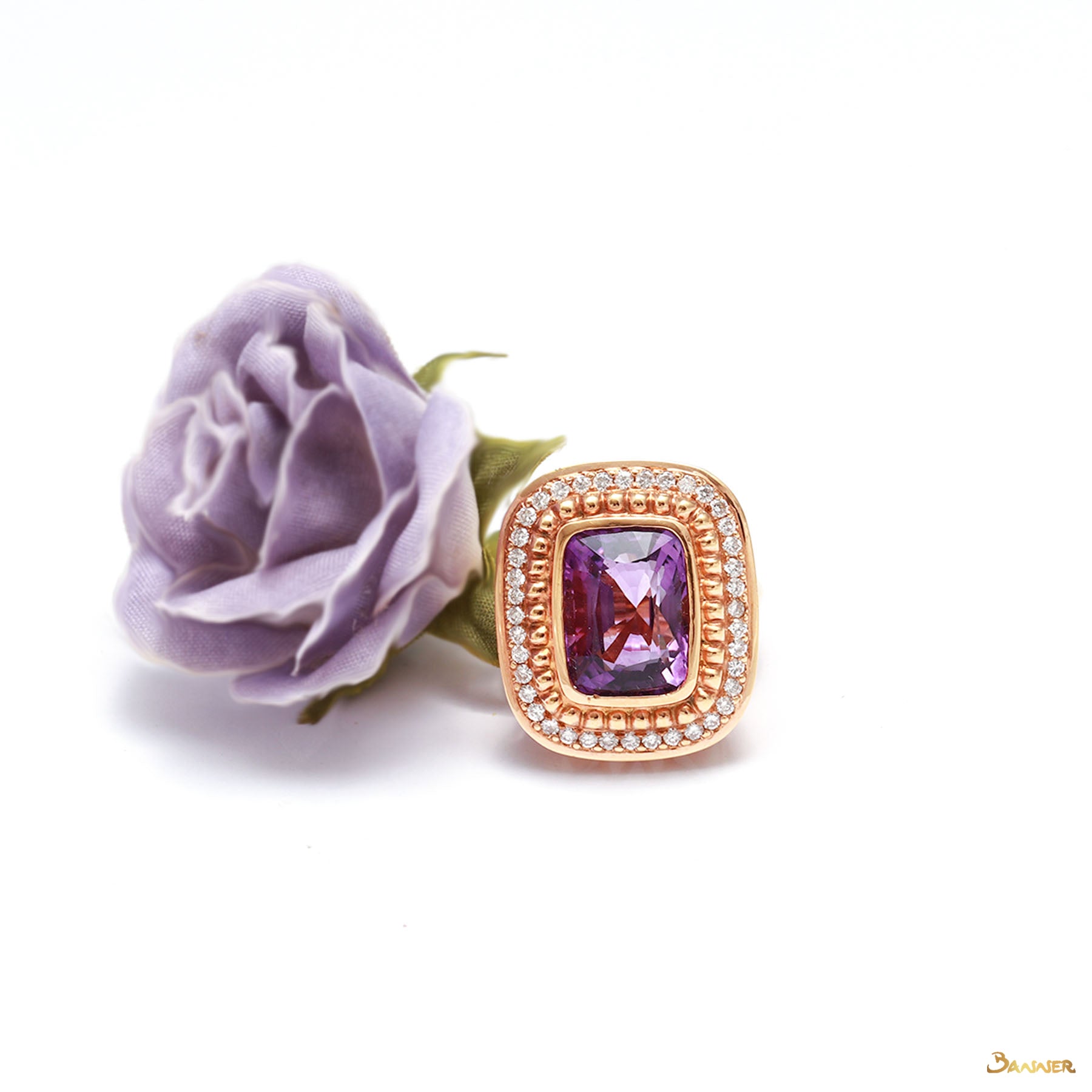 Cushion-cut Amethyst and Diamond Rose Gold Ring