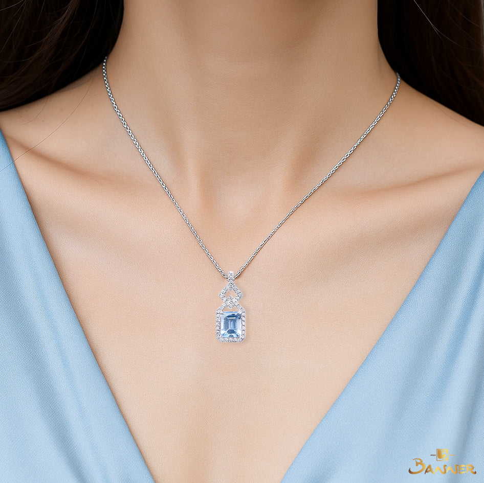 Aquamarine and Diamond Halo Dangle Pendant