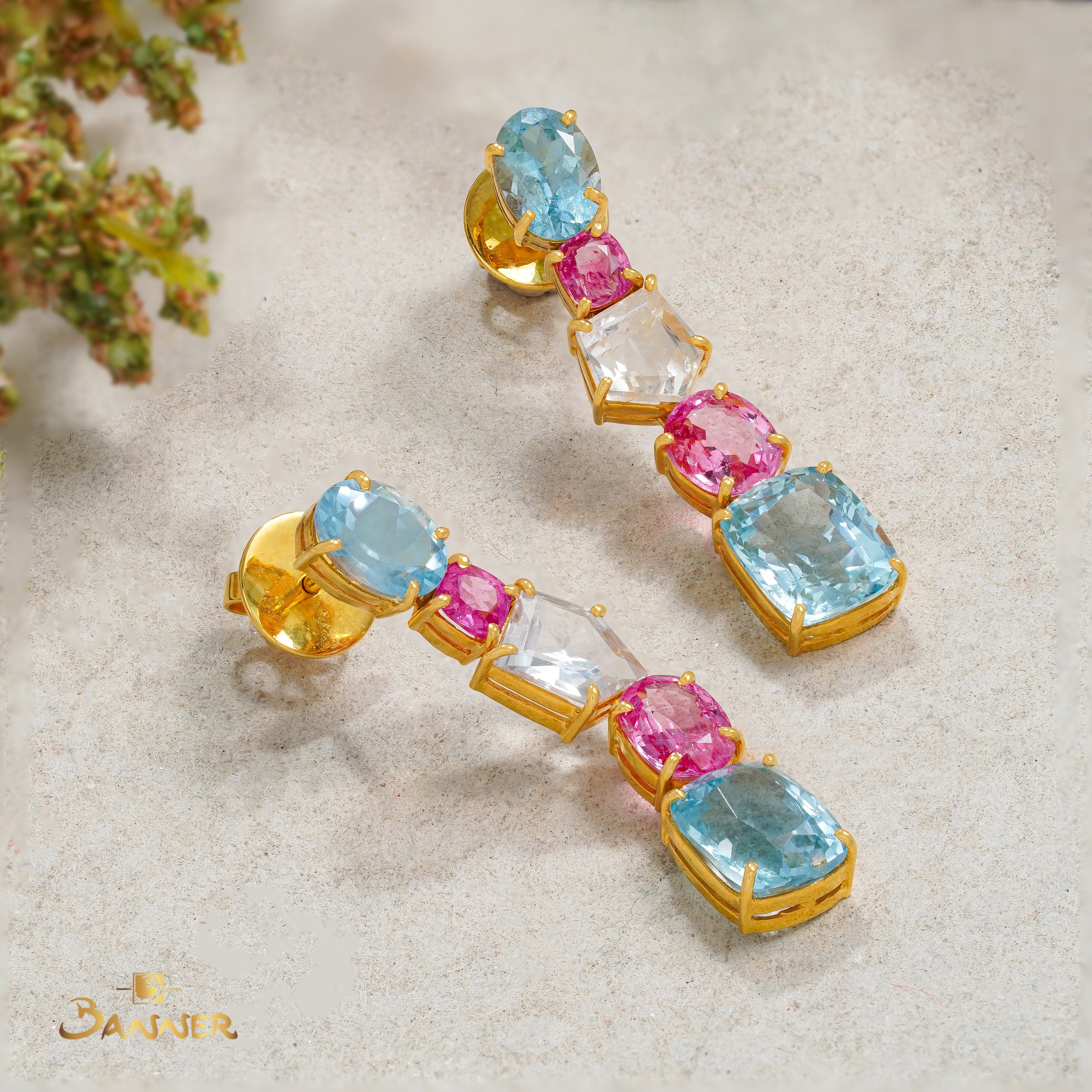 Aquamarine , Pink Spinel and Multi-Colored Sapphire Tennis Earrings