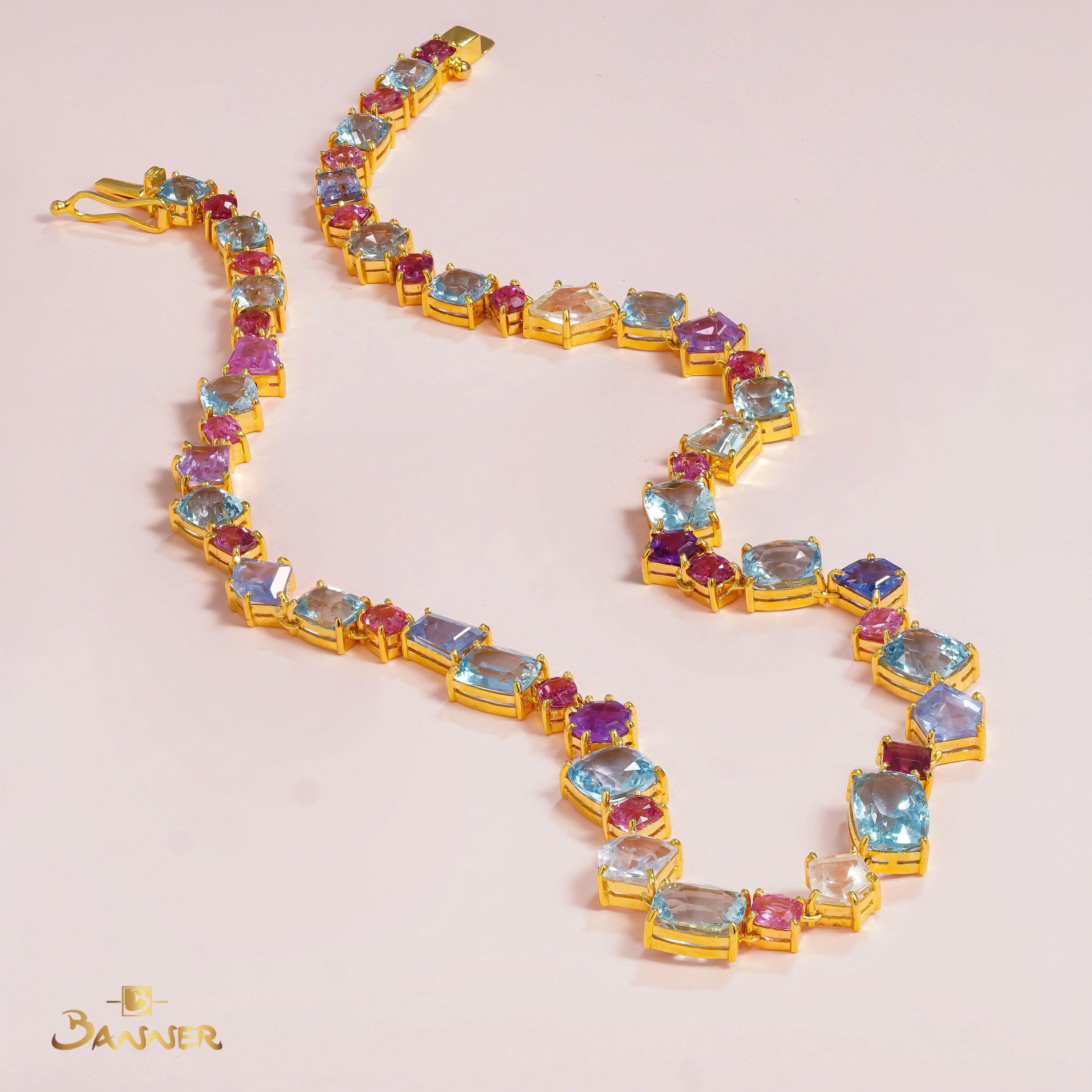 Aquamarine , Pink Spinel and Multi-Colored Sapphire Tennis Necklace
