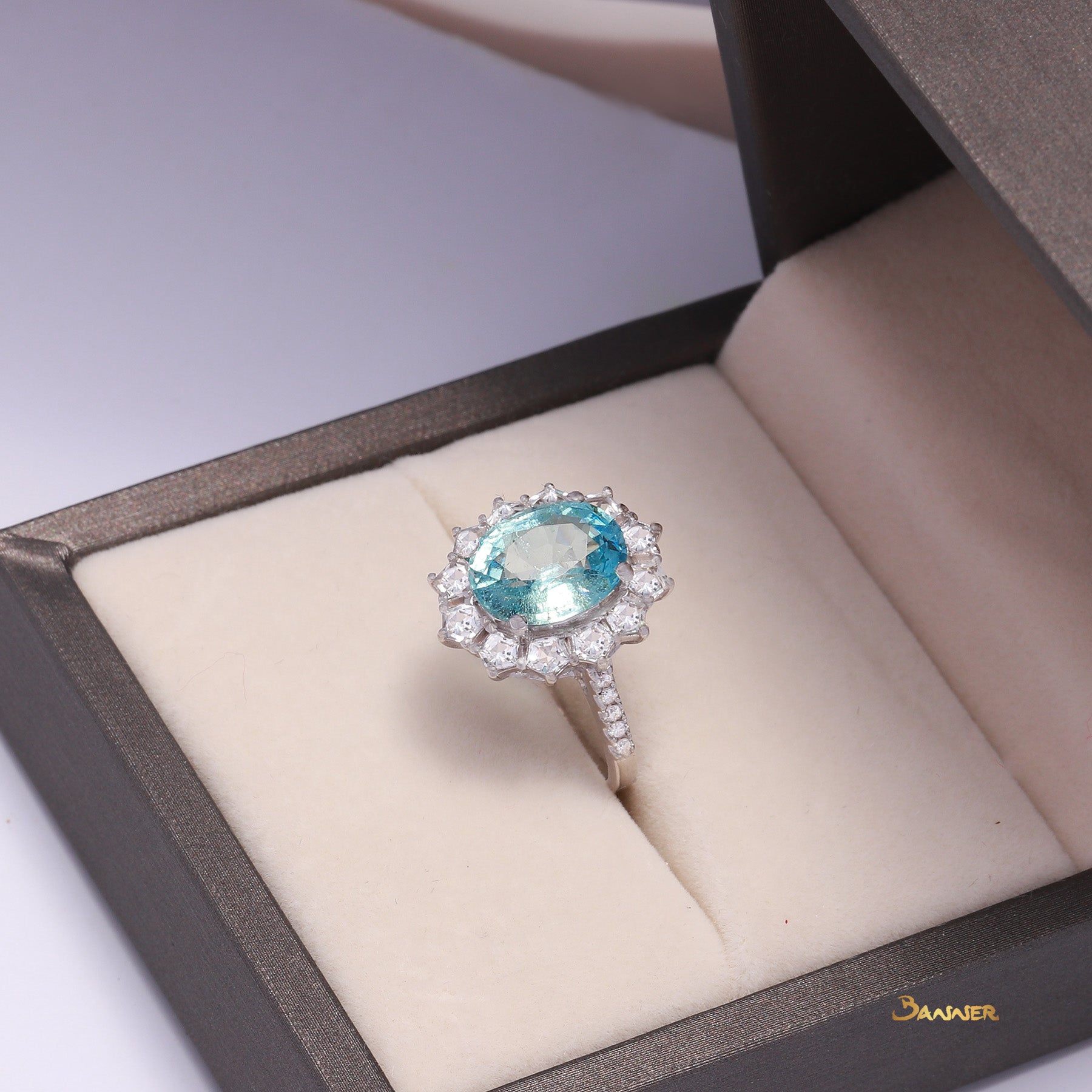 Aquamarine, White Topaz and Diamond Halo Ring