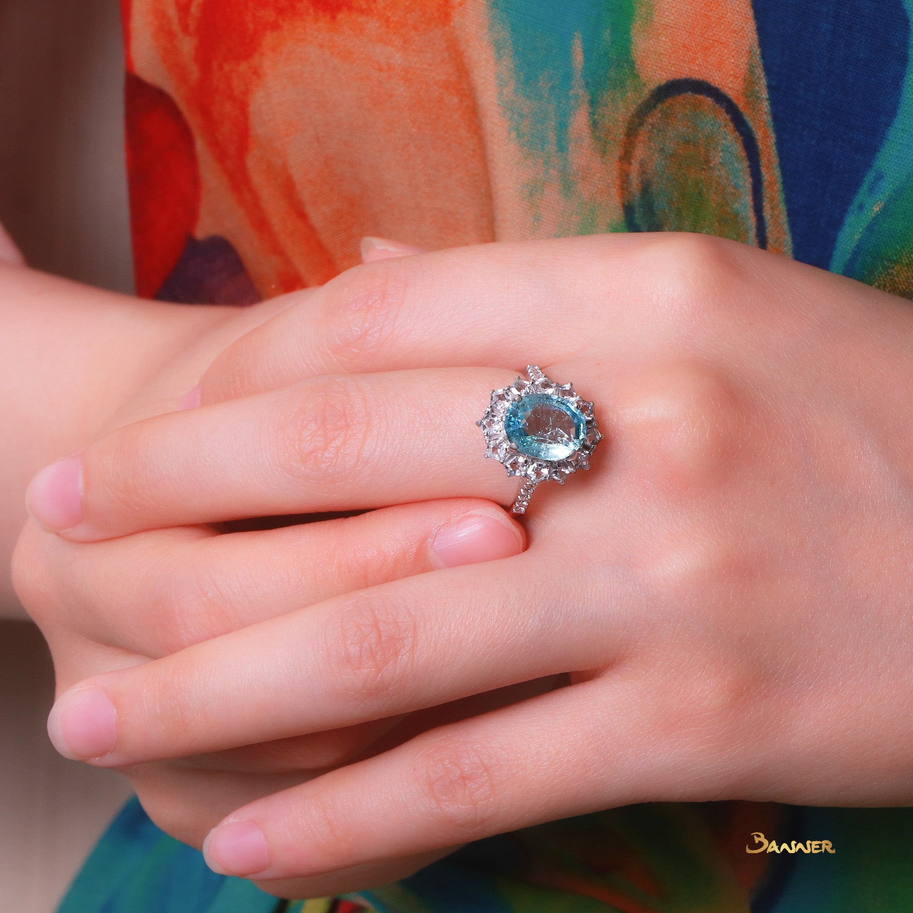 Aquamarine, White Topaz and Diamond Halo Ring