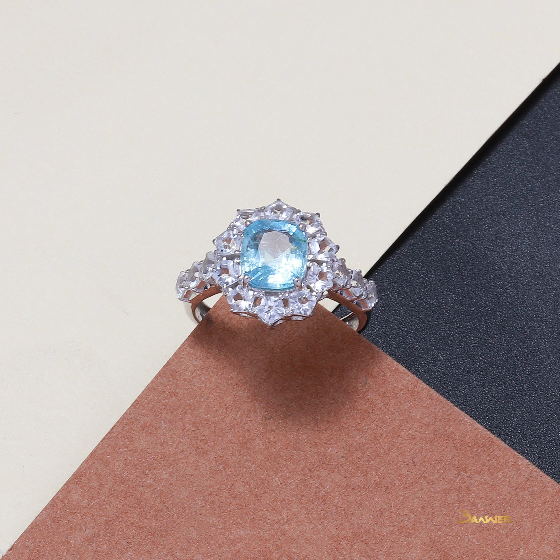 Aquamarine and White Topaz Halo Ring