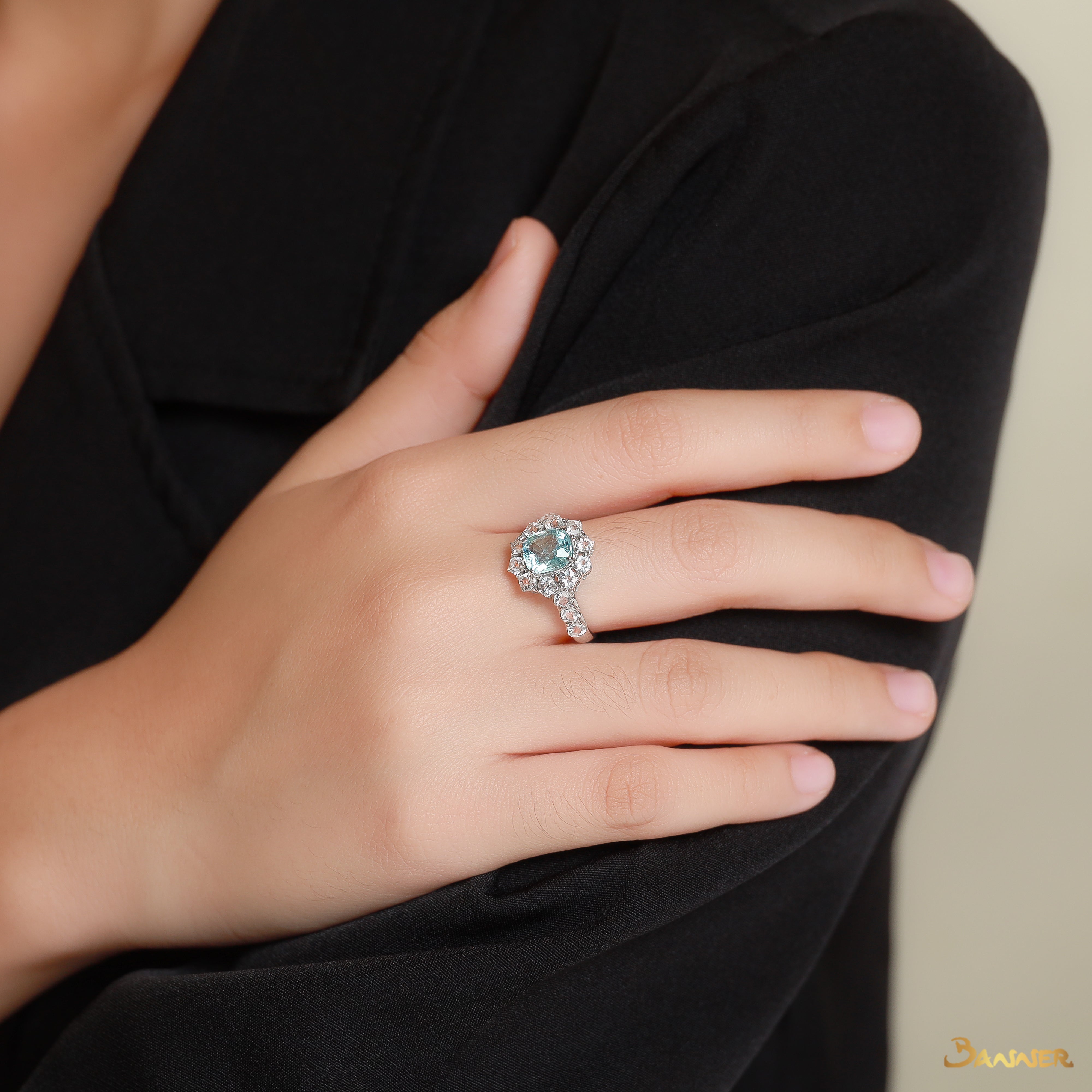 Aquamarine and White Topaz Halo Ring