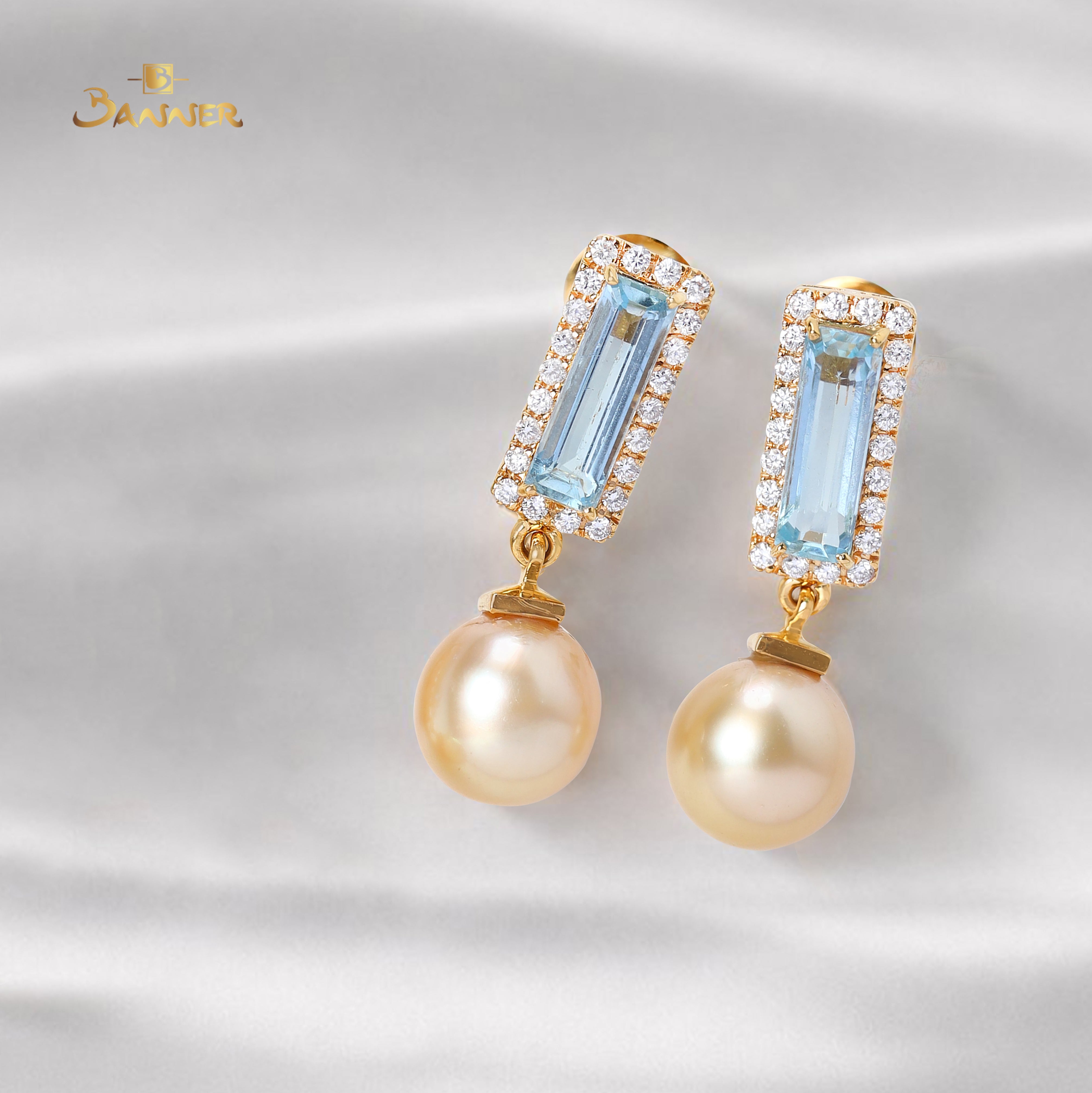 Aquamarine , Pearl and Diamond Halo Dangle Earrings