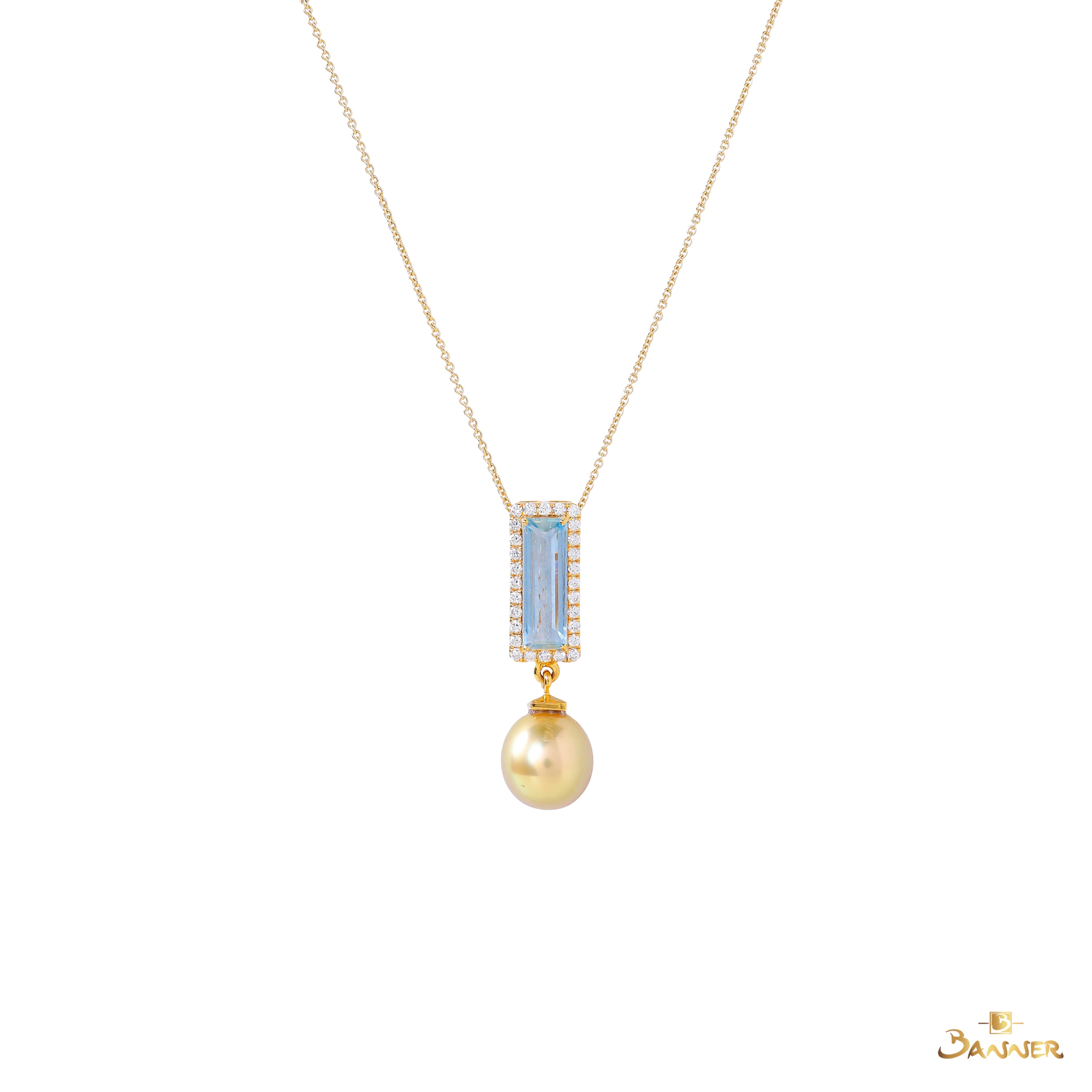Aquamarine , Pearl and Diamond Halo Dangle Pendant