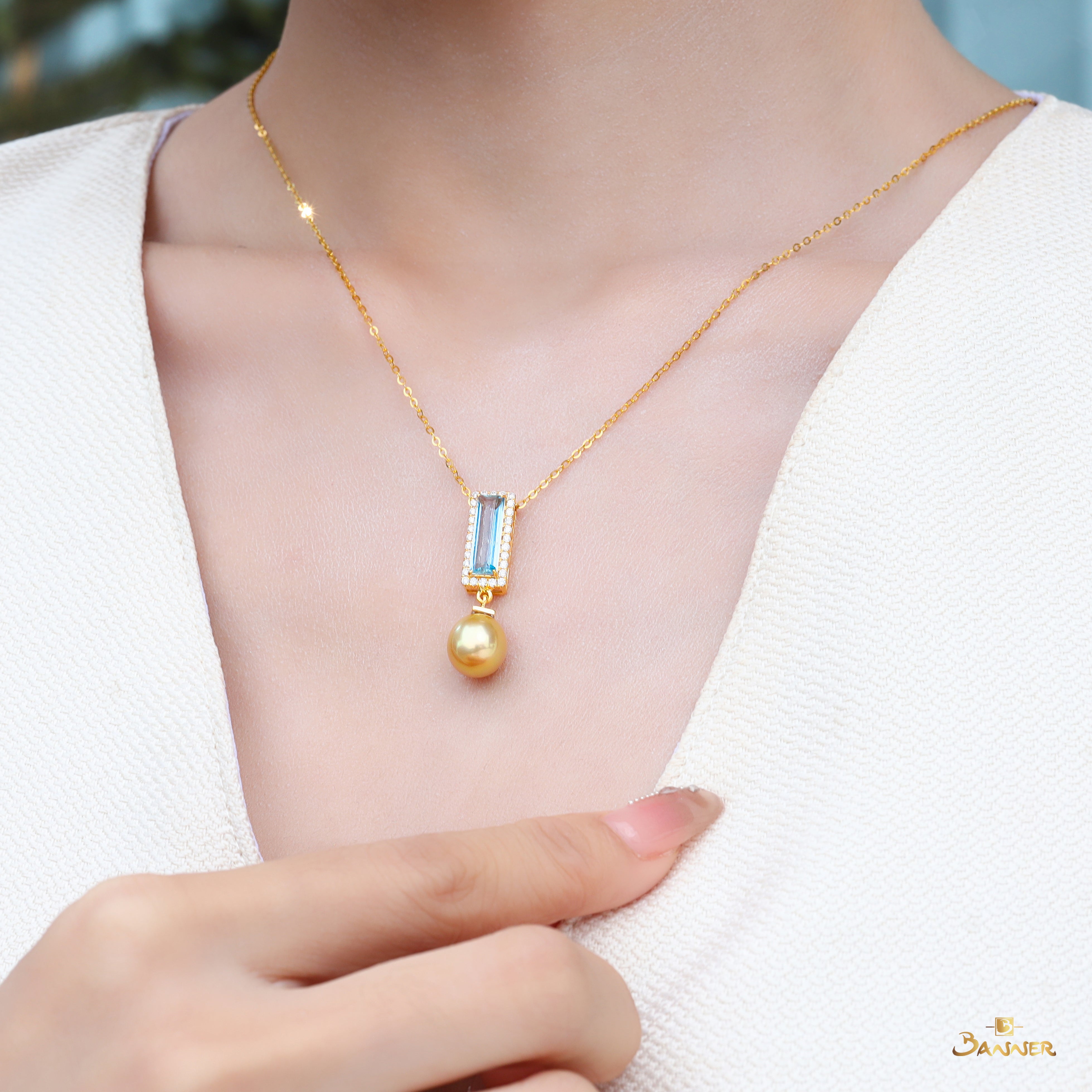 Aquamarine , Pearl and Diamond Halo Dangle Pendant