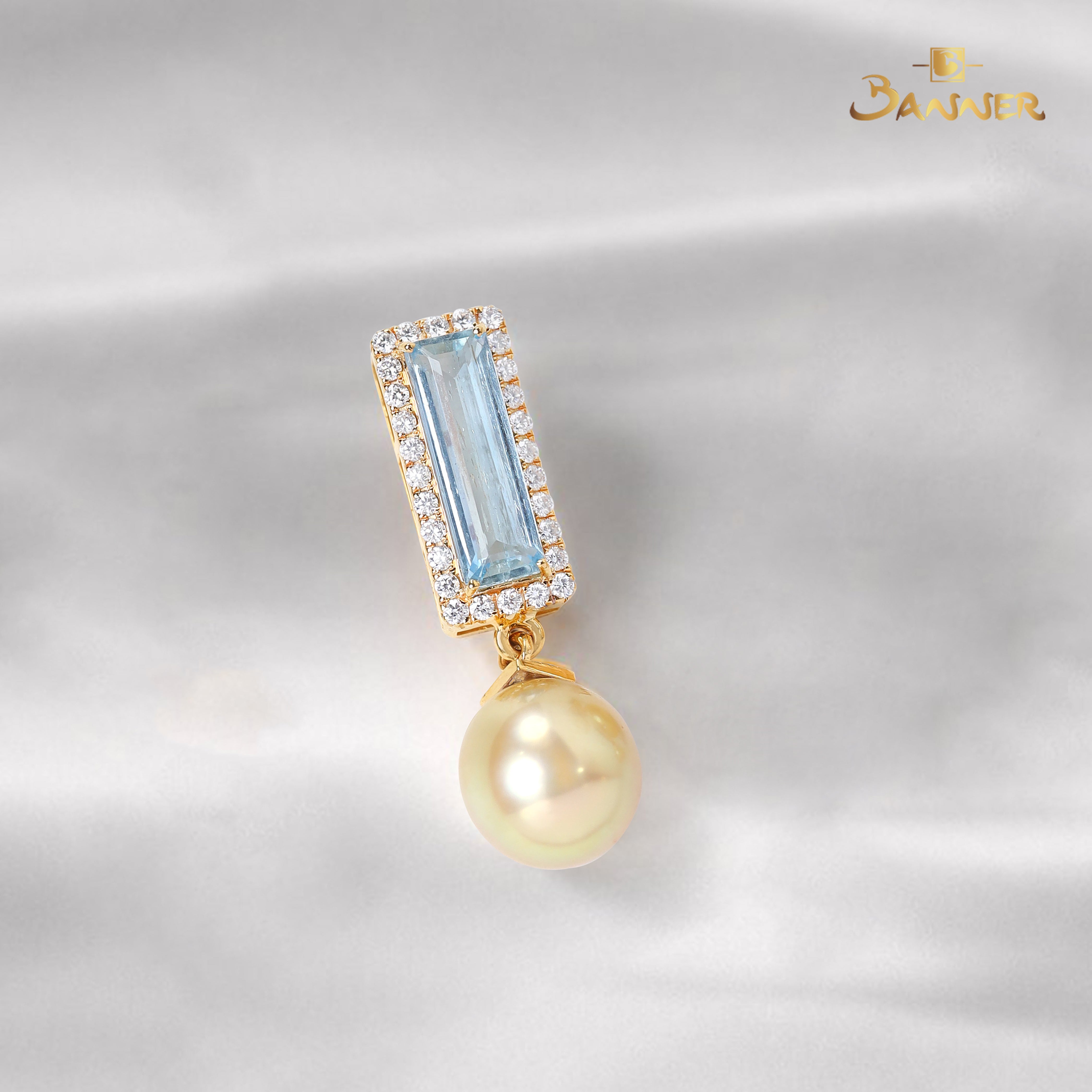 Aquamarine , Pearl and Diamond Halo Dangle Pendant