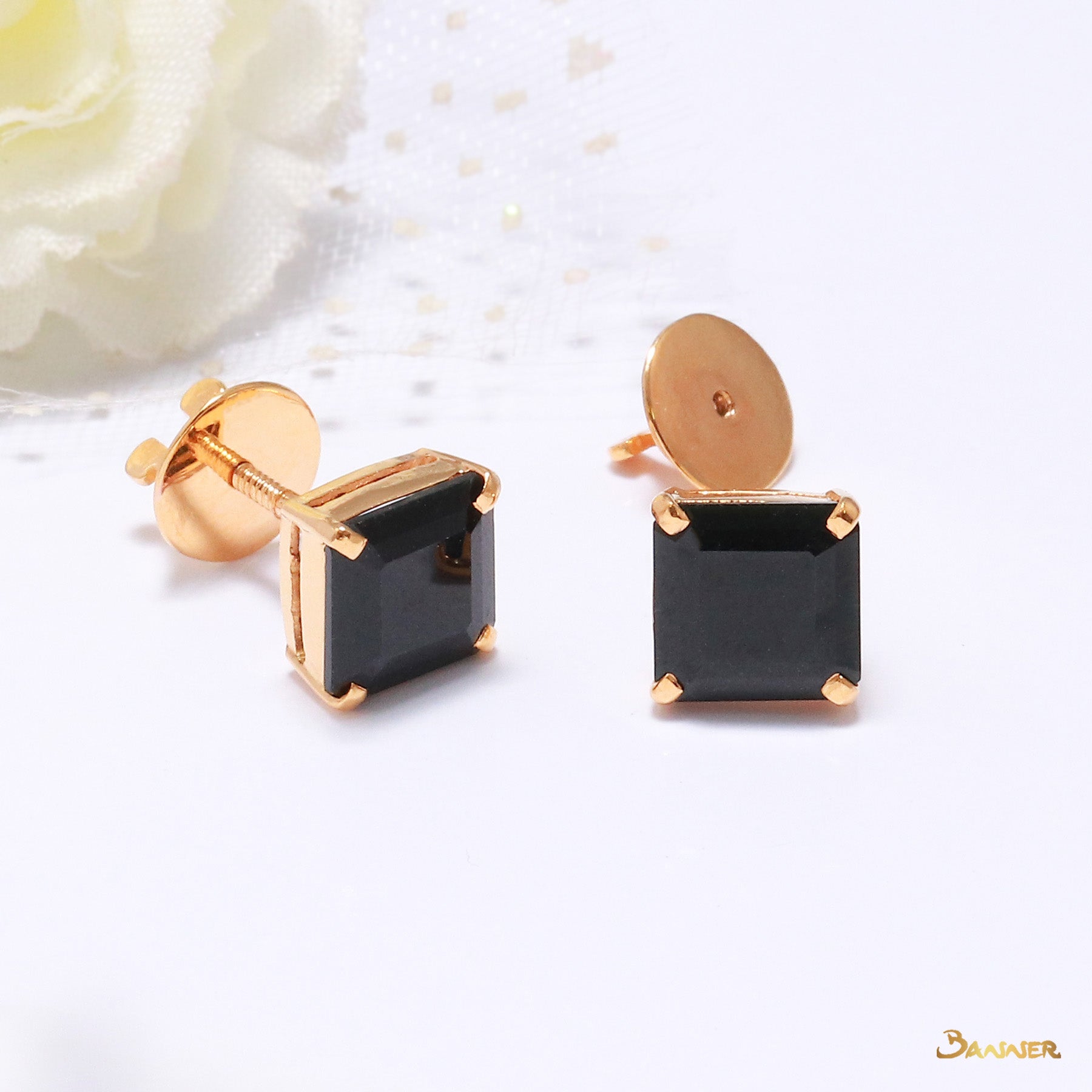 Black Jade Stud Earrings (Emerald-cut)