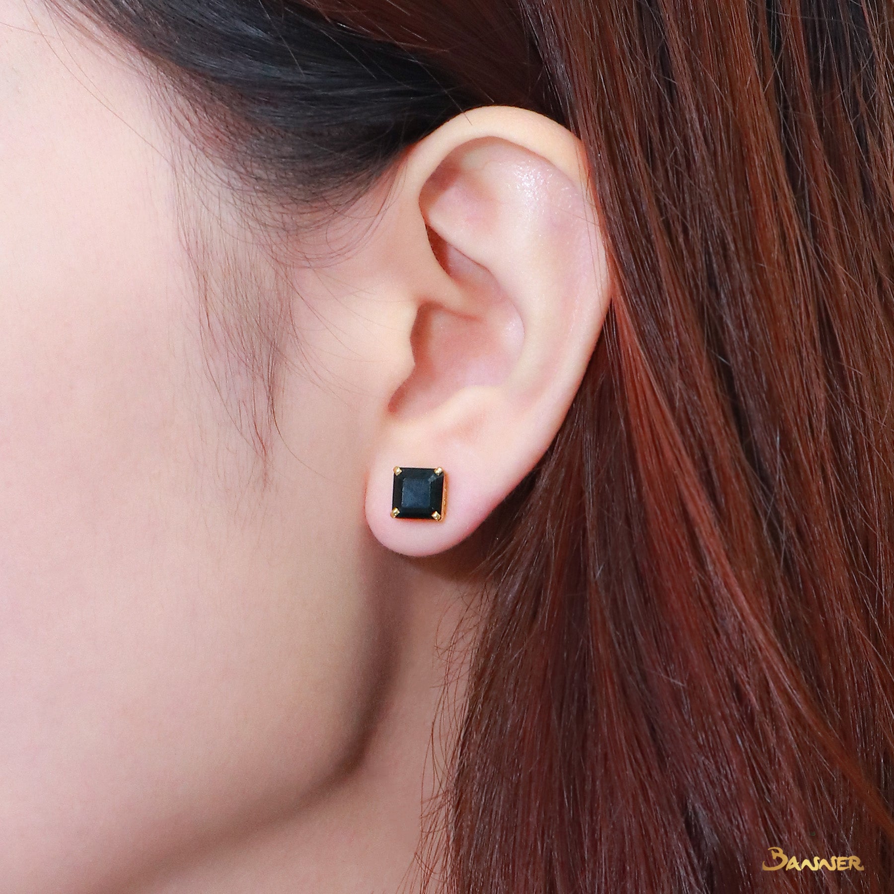 Black Jade Stud Earrings (Emerald-cut)