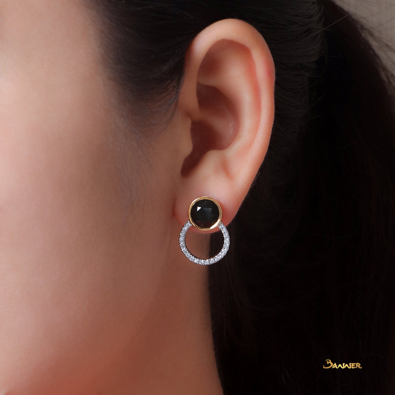 Black Jade and Diamond Circle Earrings