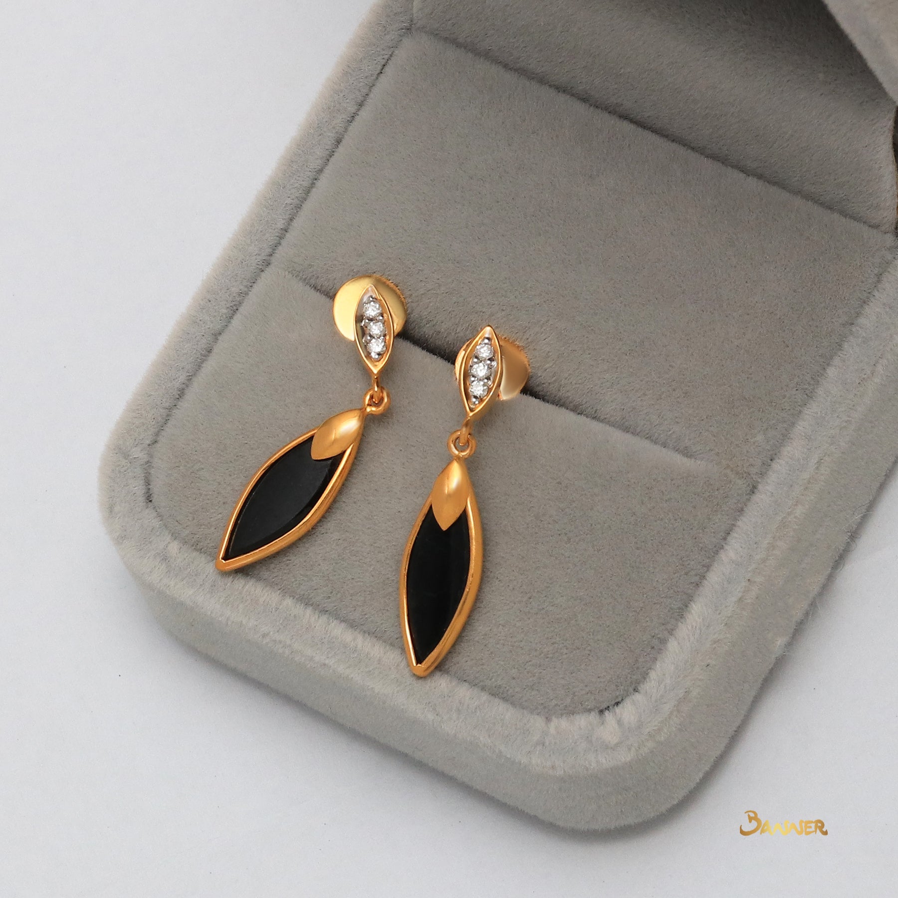 Black Jade Rain-drop and Diamond Dangle Earrings