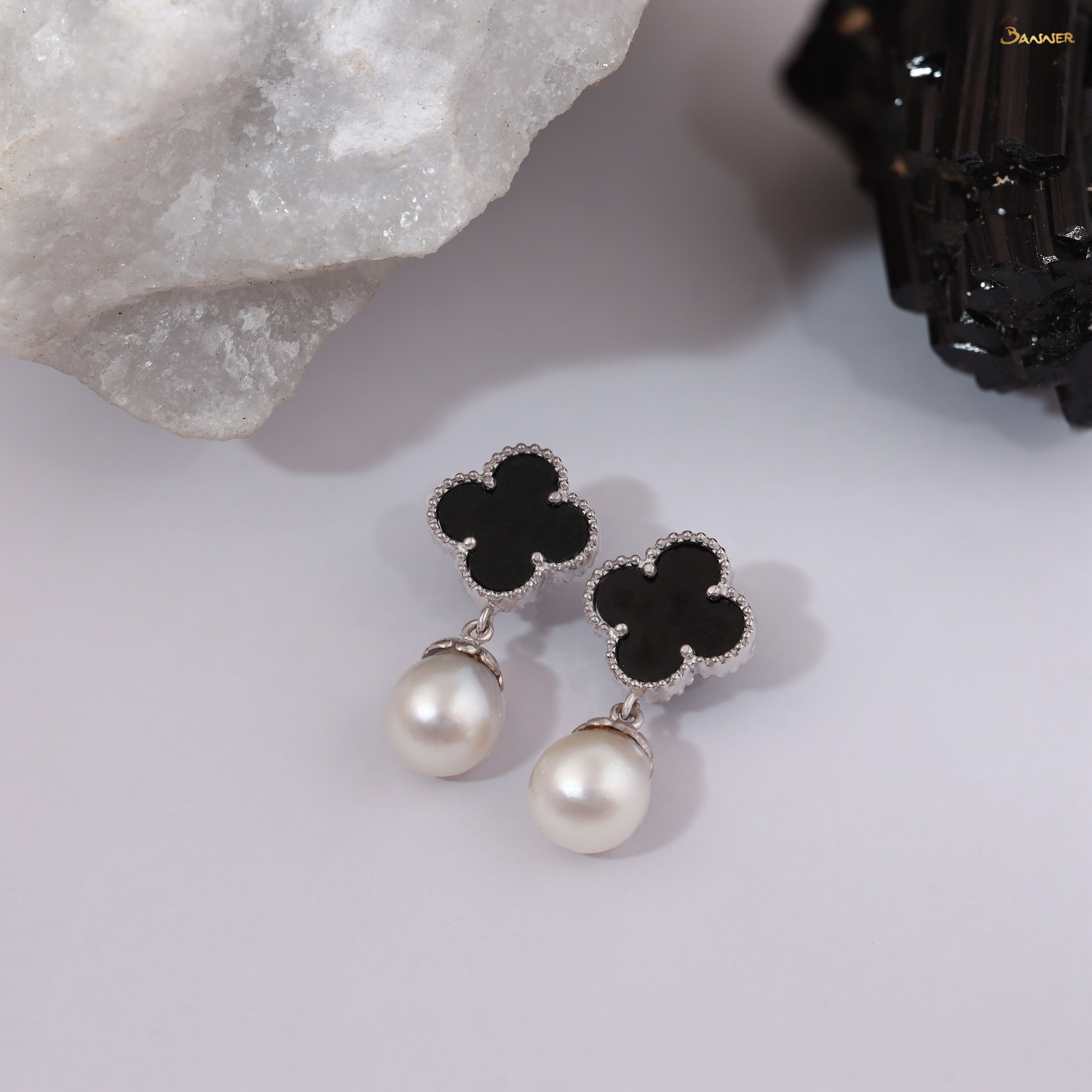 Black Jade and Pearl Clover Dangle Earrings