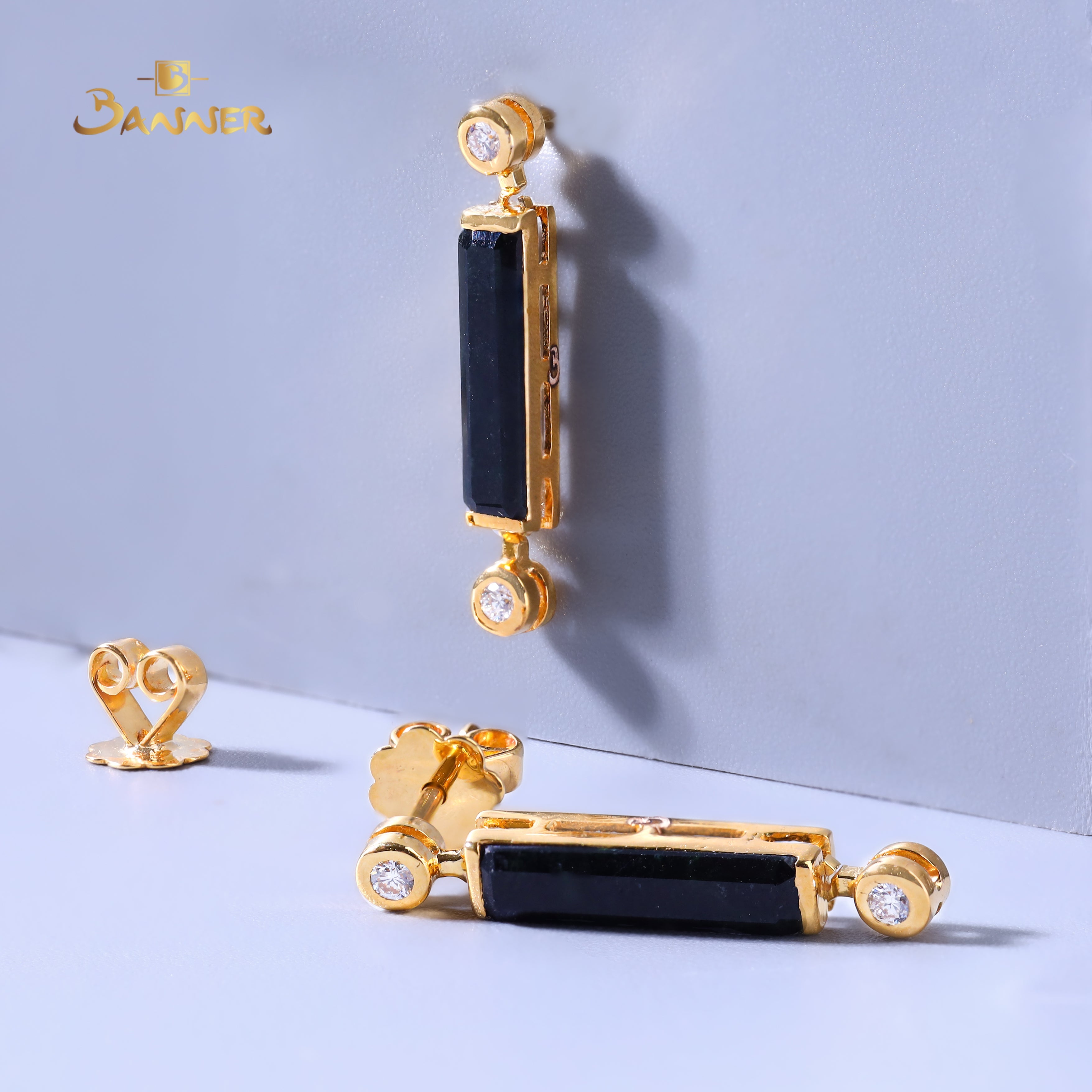 Black Jade and Diamond Celestial Bar Earrings