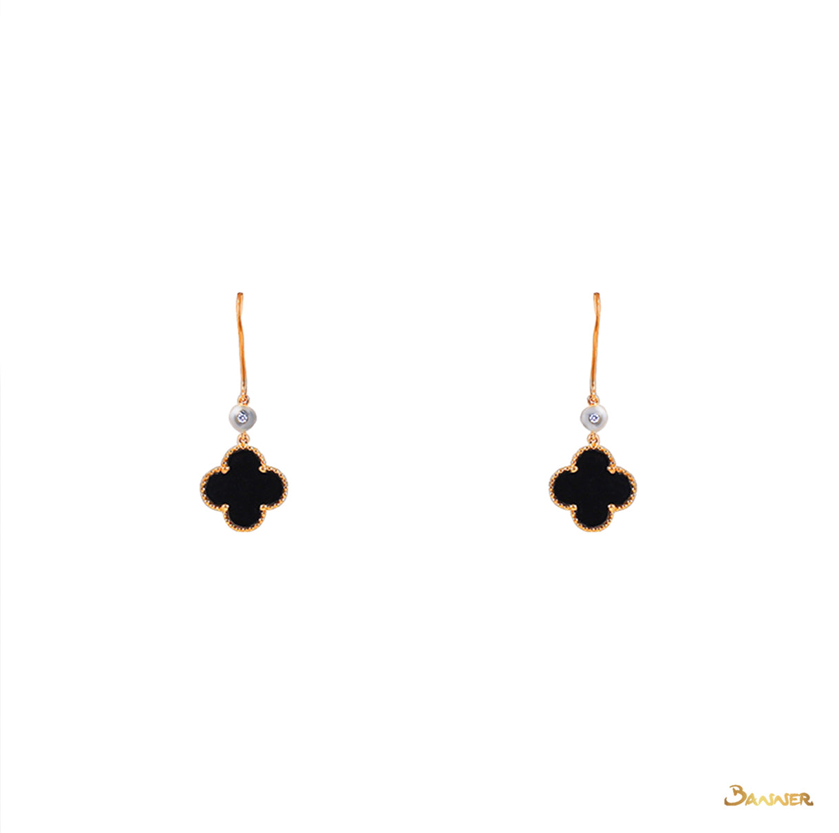 Black Jade Clover and Diamond Dangle Earrings