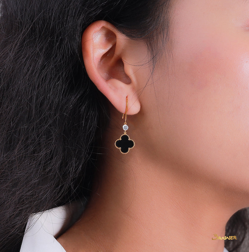 Black Jade Clover and Diamond Dangle Earrings
