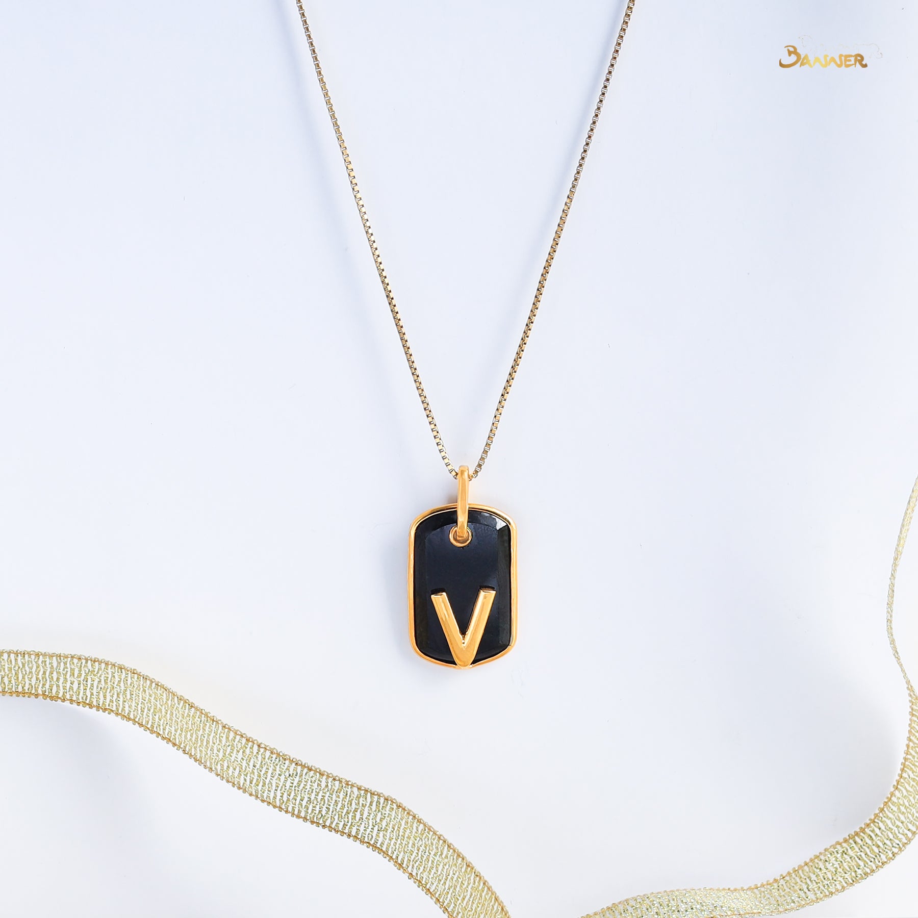 Black Jade and V Name Pendant(Alphabet Customizable)