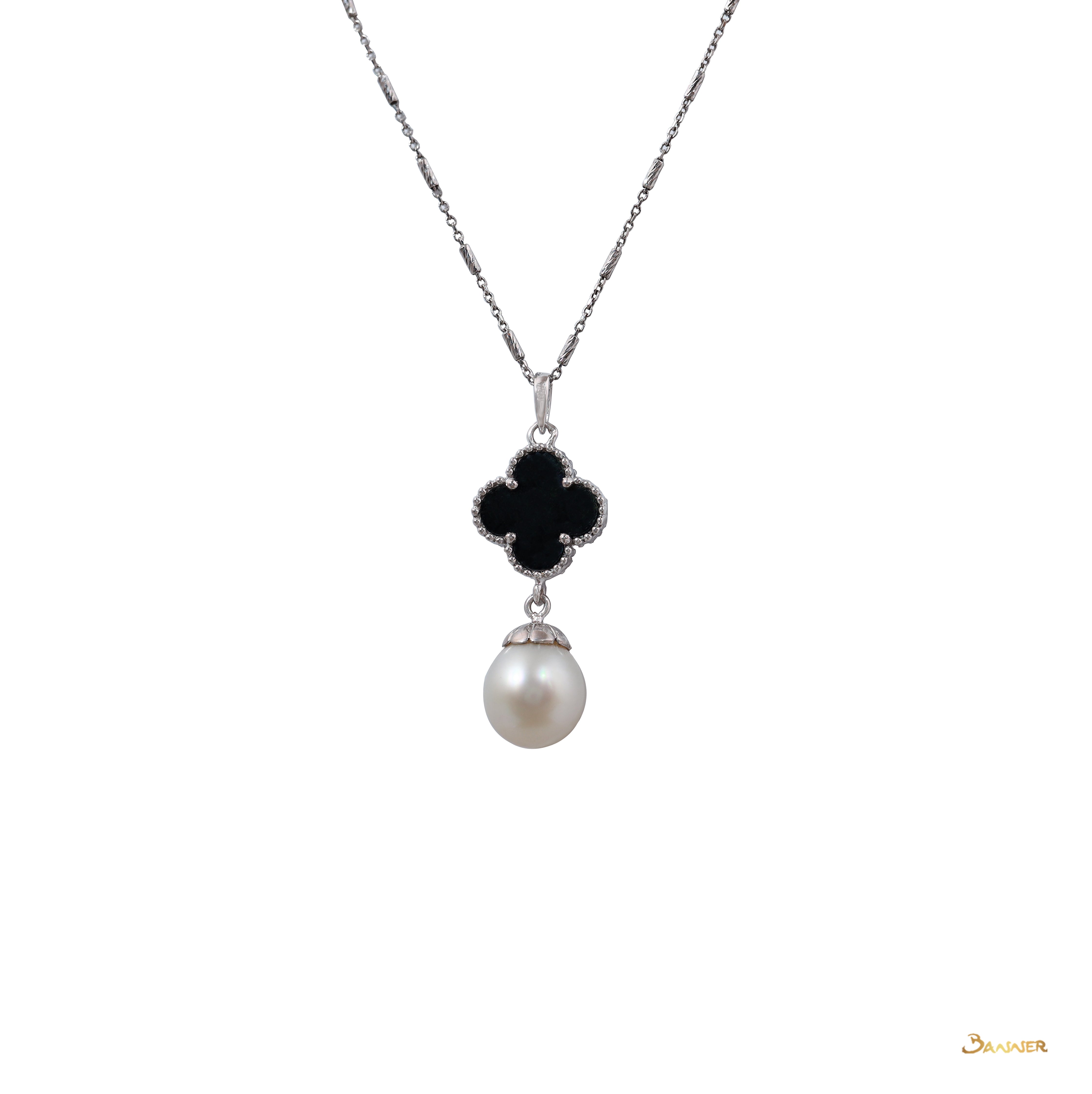 Black Jade and Pearl Clover Dangle Pendant