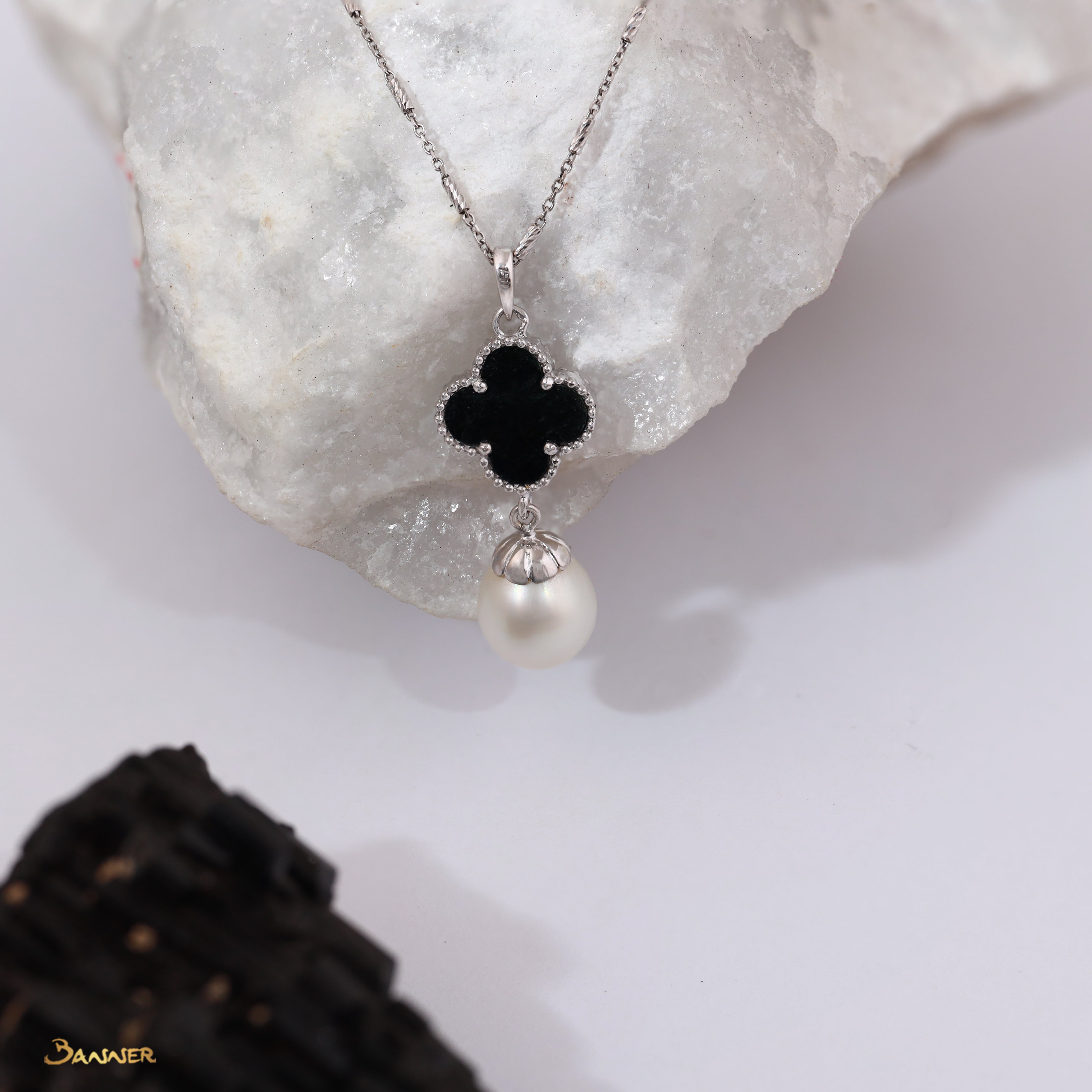 Black Jade and Pearl Clover Dangle Pendant