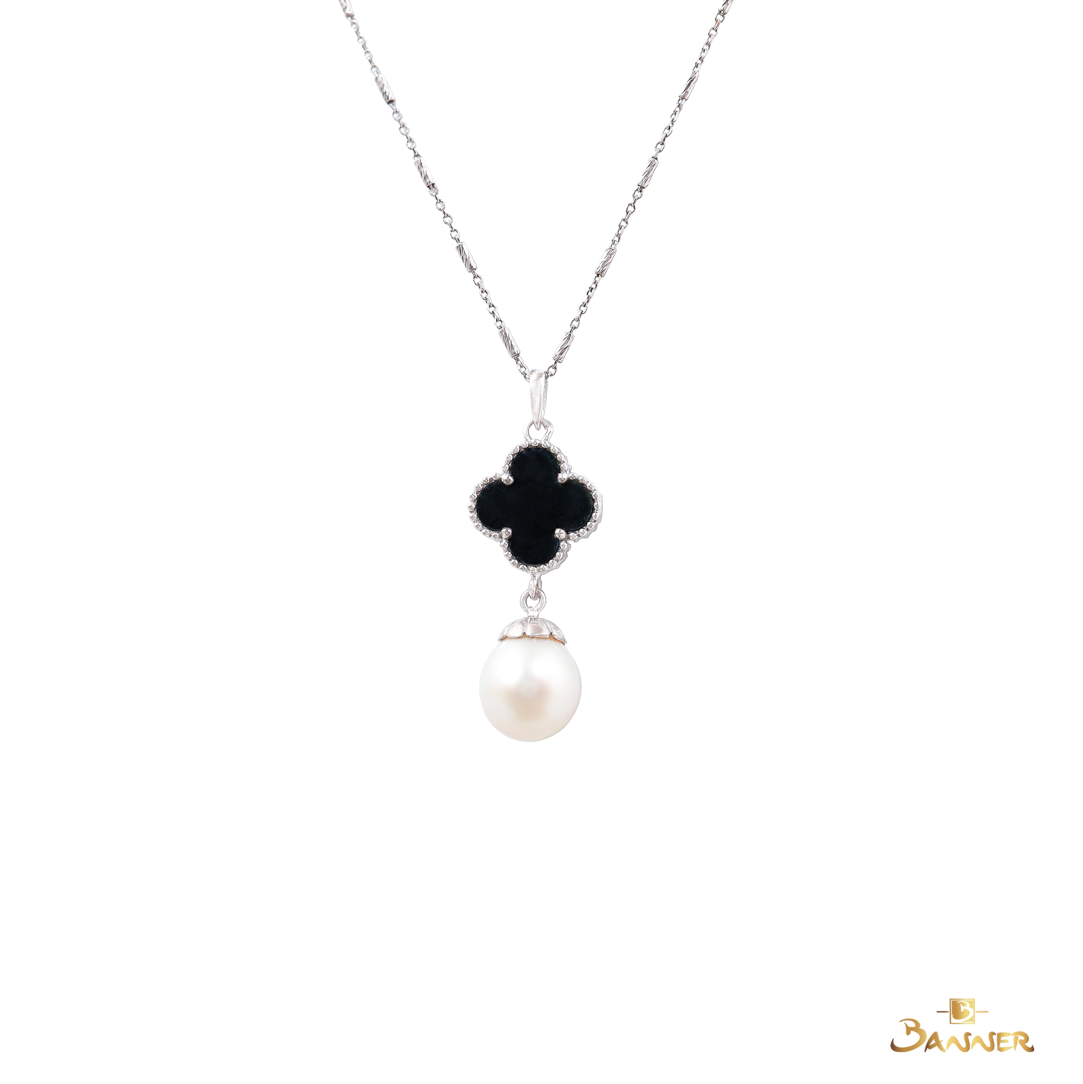 Black Jade and Pearl Clover Dangle Pendant