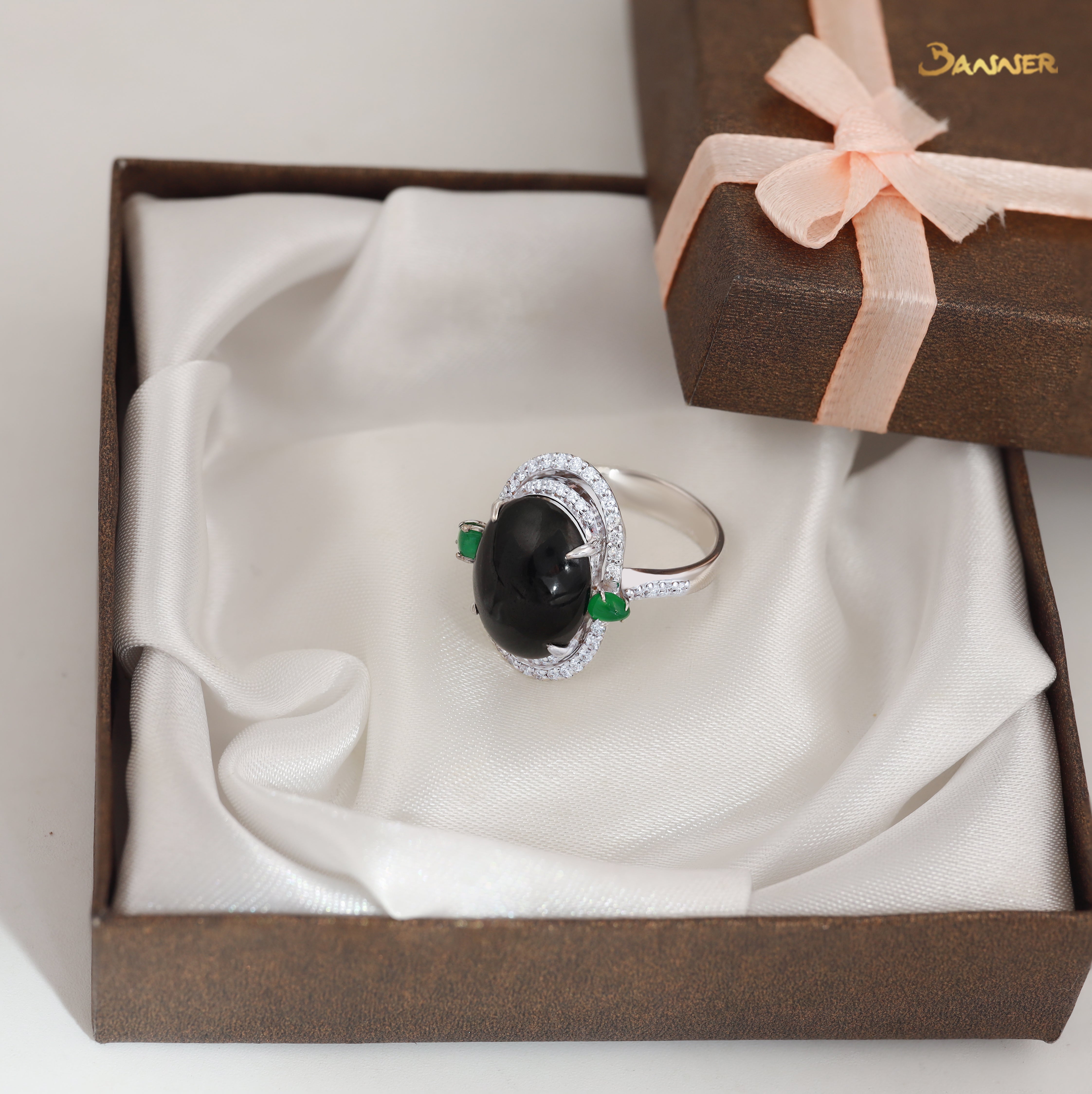 Black Jade and Diamond Helix Ring