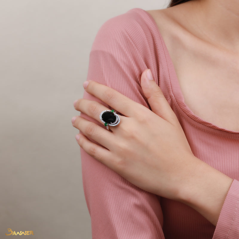 Black Jade and Diamond Helix Ring