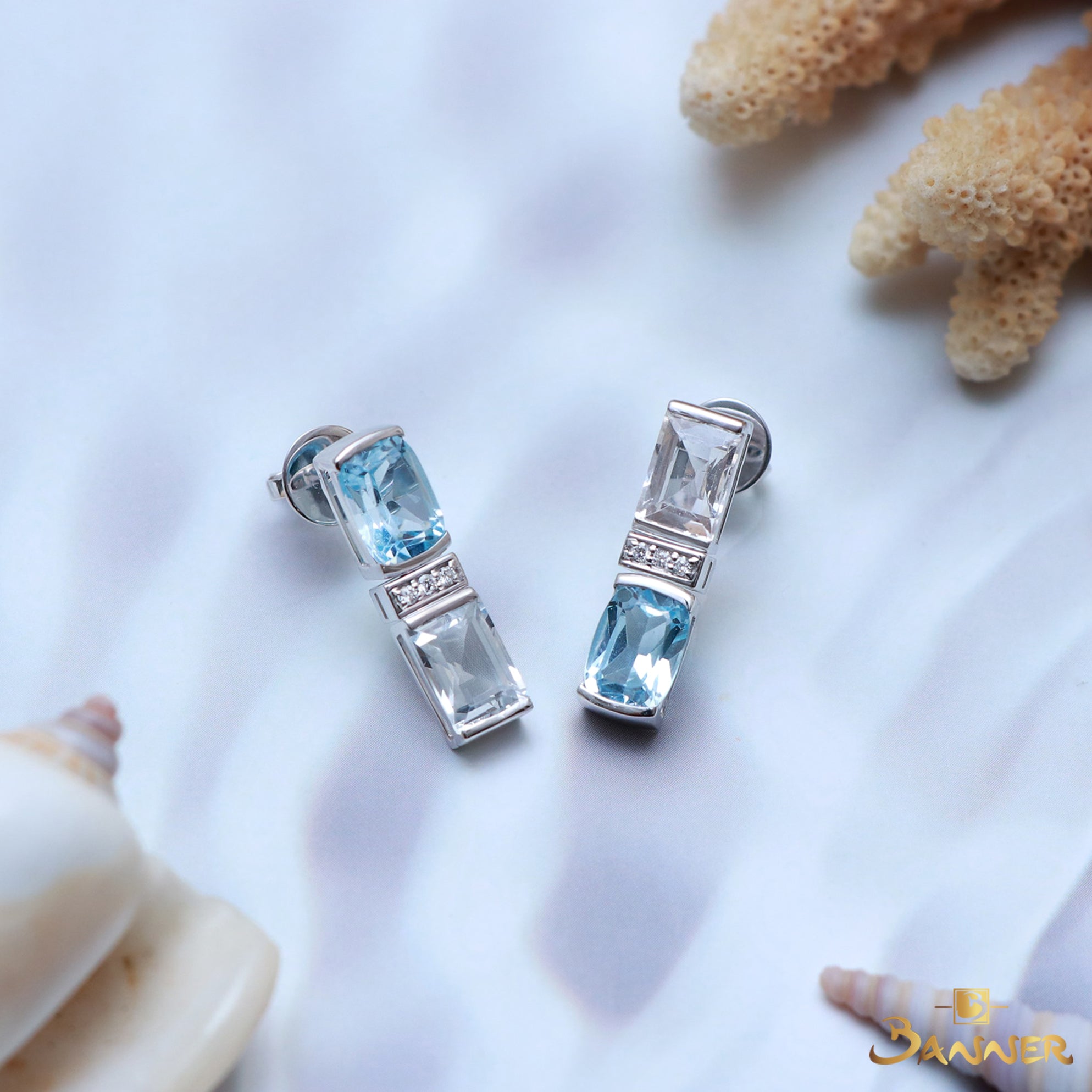 Blue and White Topaz and Diamond Dangle Earrings