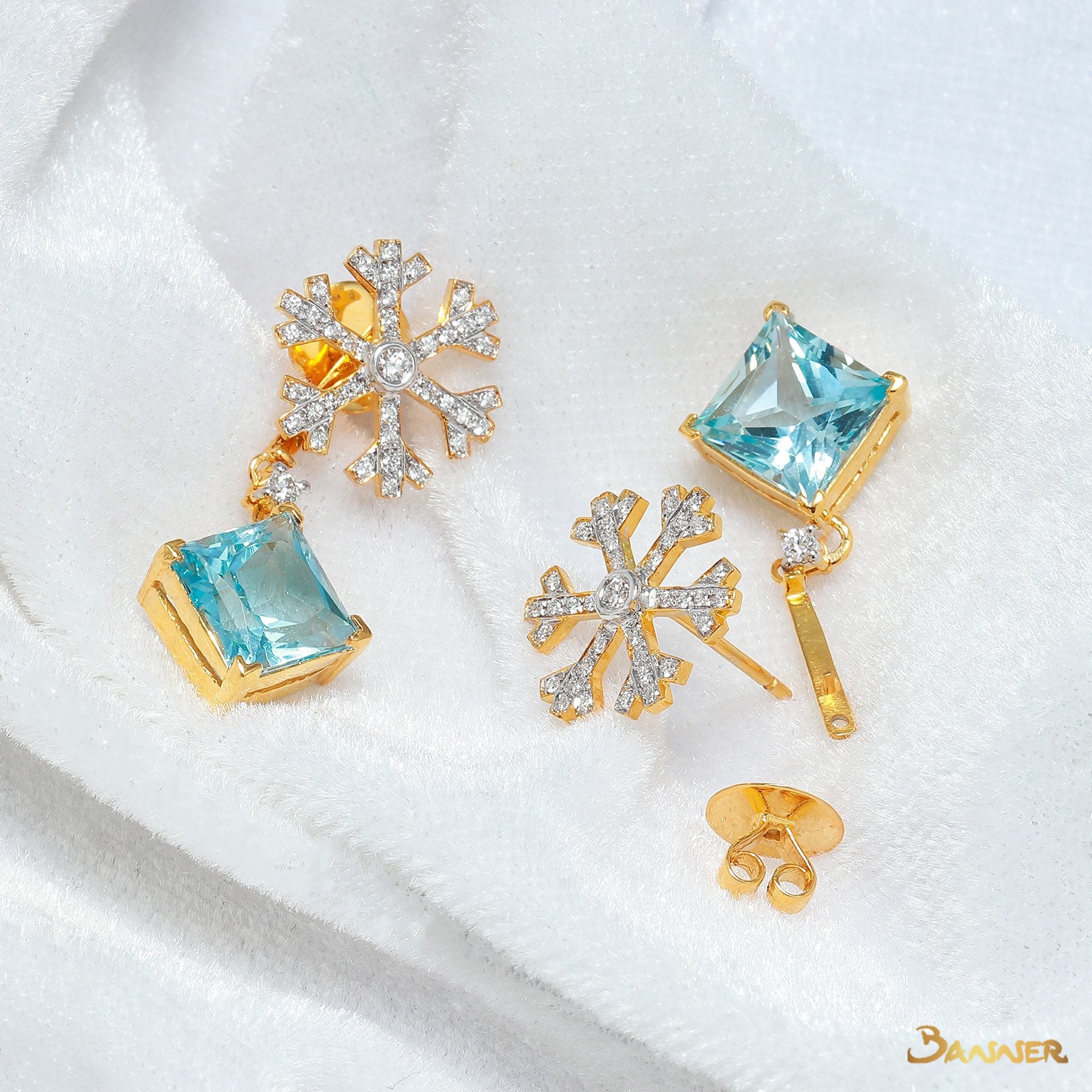 Blue Topaz and Diamond Snow Flake Earrings