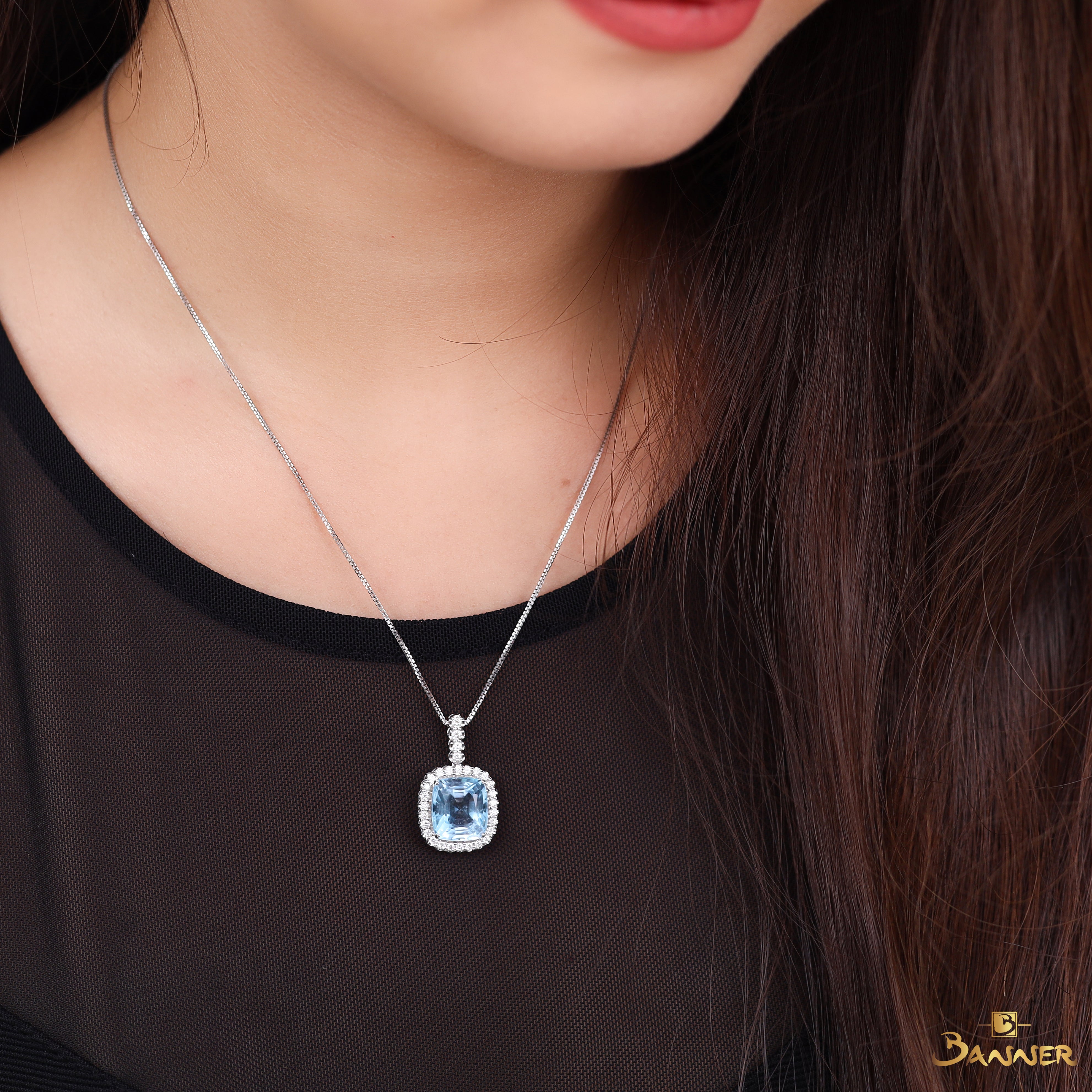 Blue Topaz and Diamond Halo Dangle Pendant