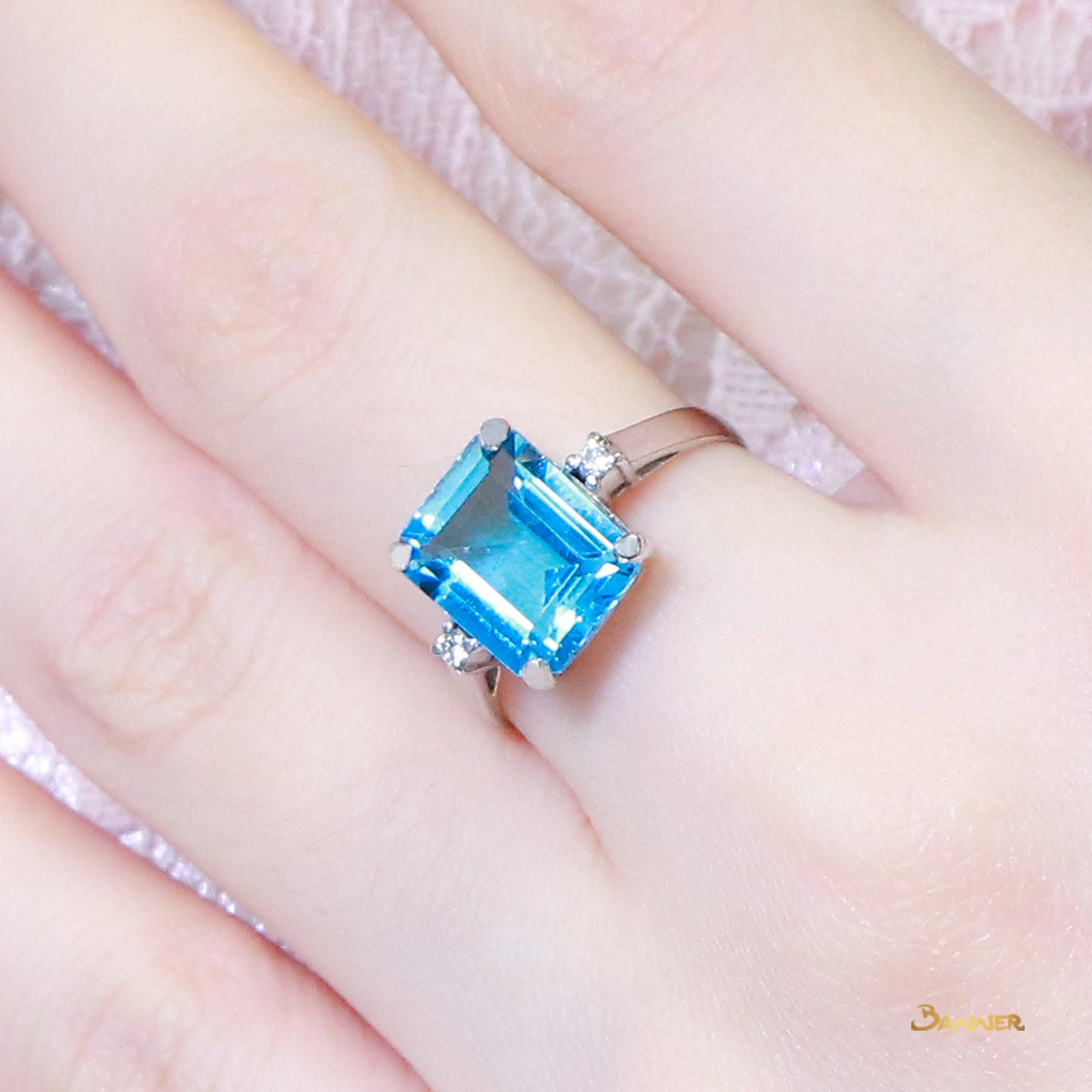 Blue Topaz Emerald Cut and Diamond Ring