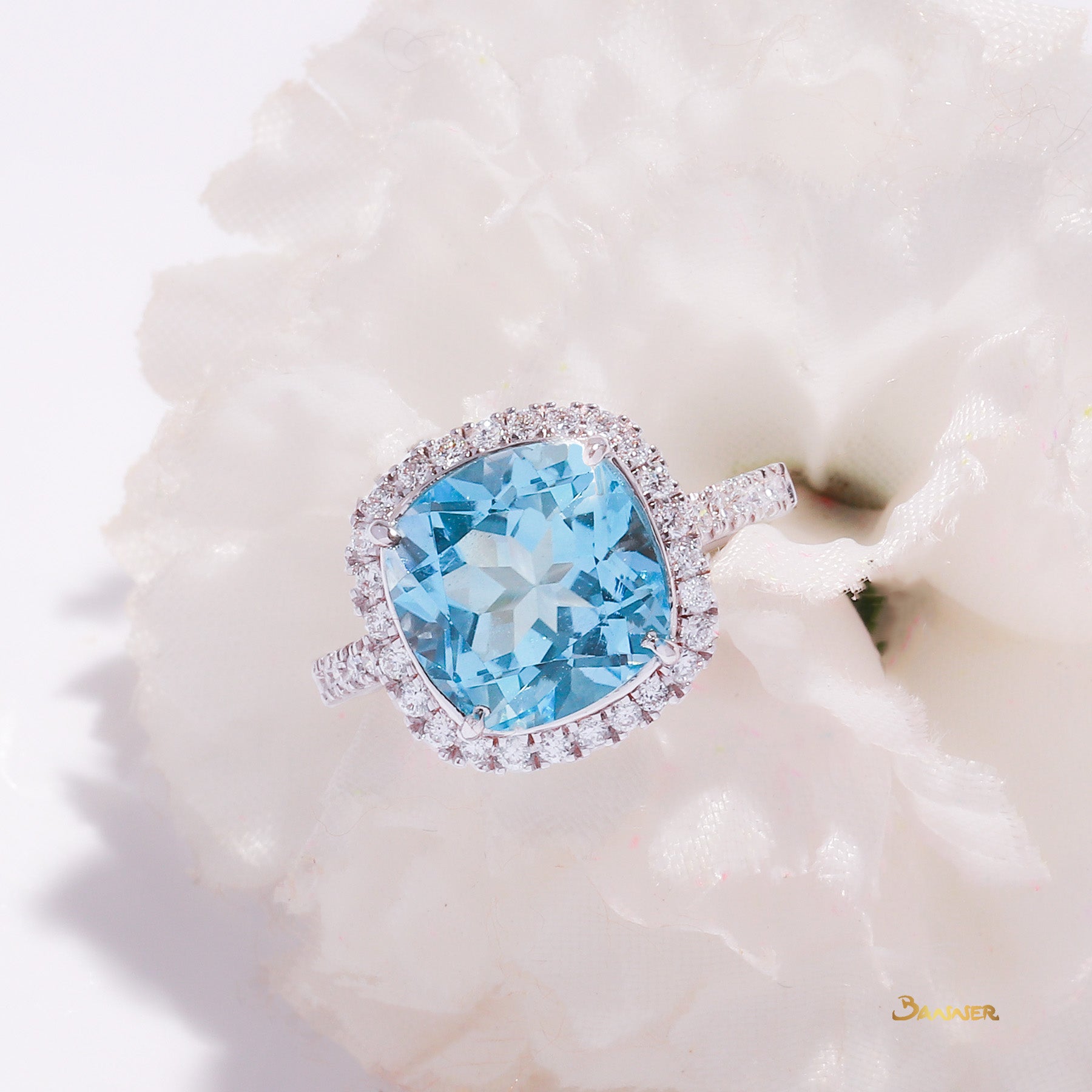 Blue Topaz and Diamond Halo Ring