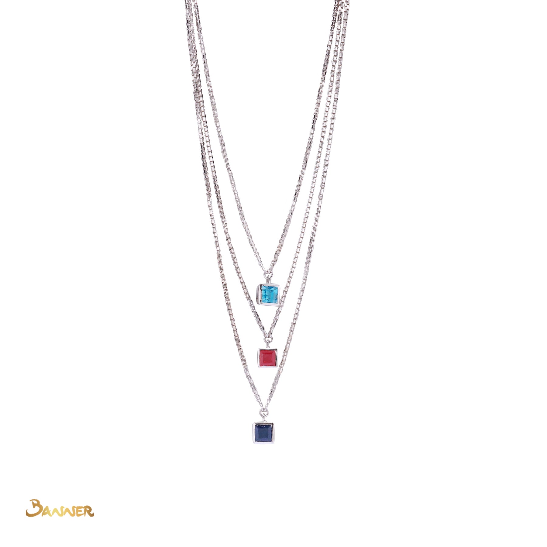 Emerald-cut Blue Topaz, Ruby and Sapphire Necklace