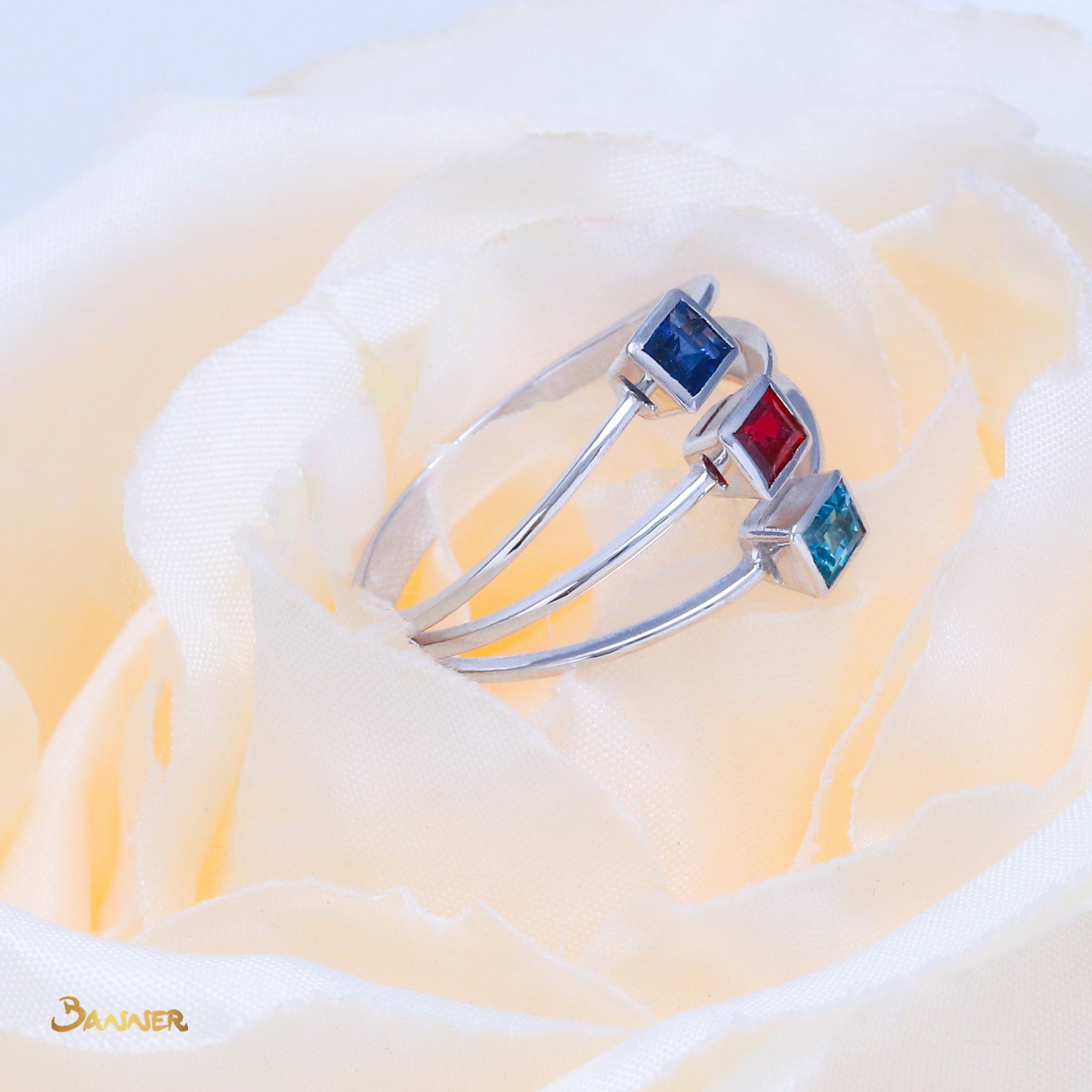 Emerald-cut Blue Topaz, Sapphire and Ruby Set