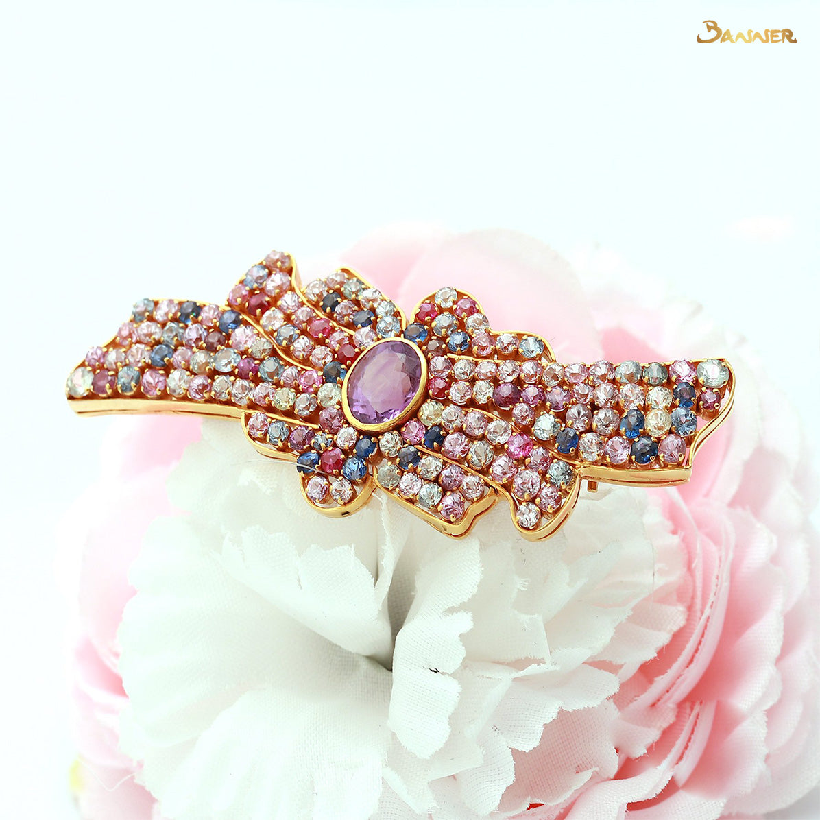 Multi-Colored Sapphire Flower Brooch