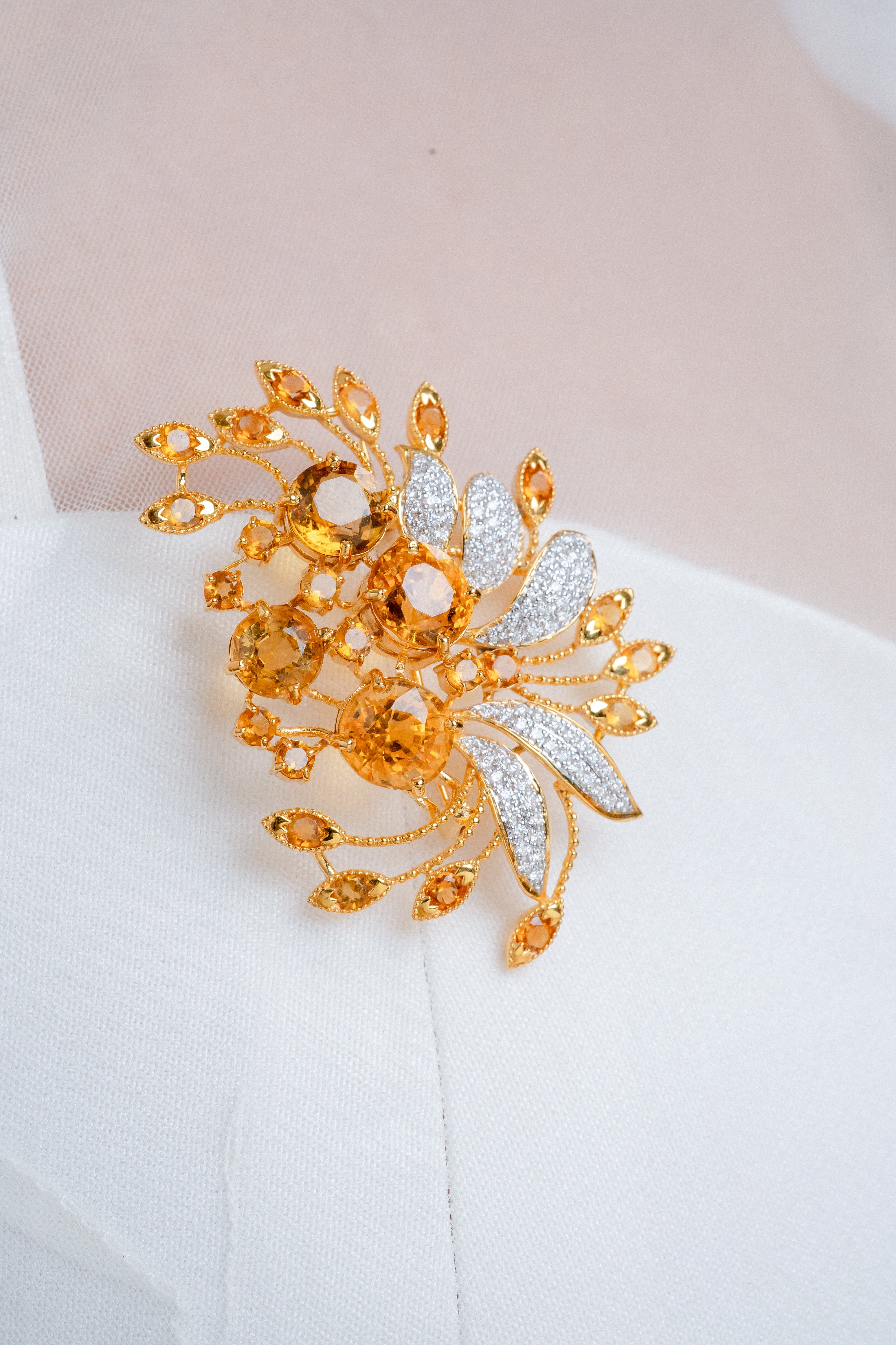 Citrine and Diamond Floral Brooch