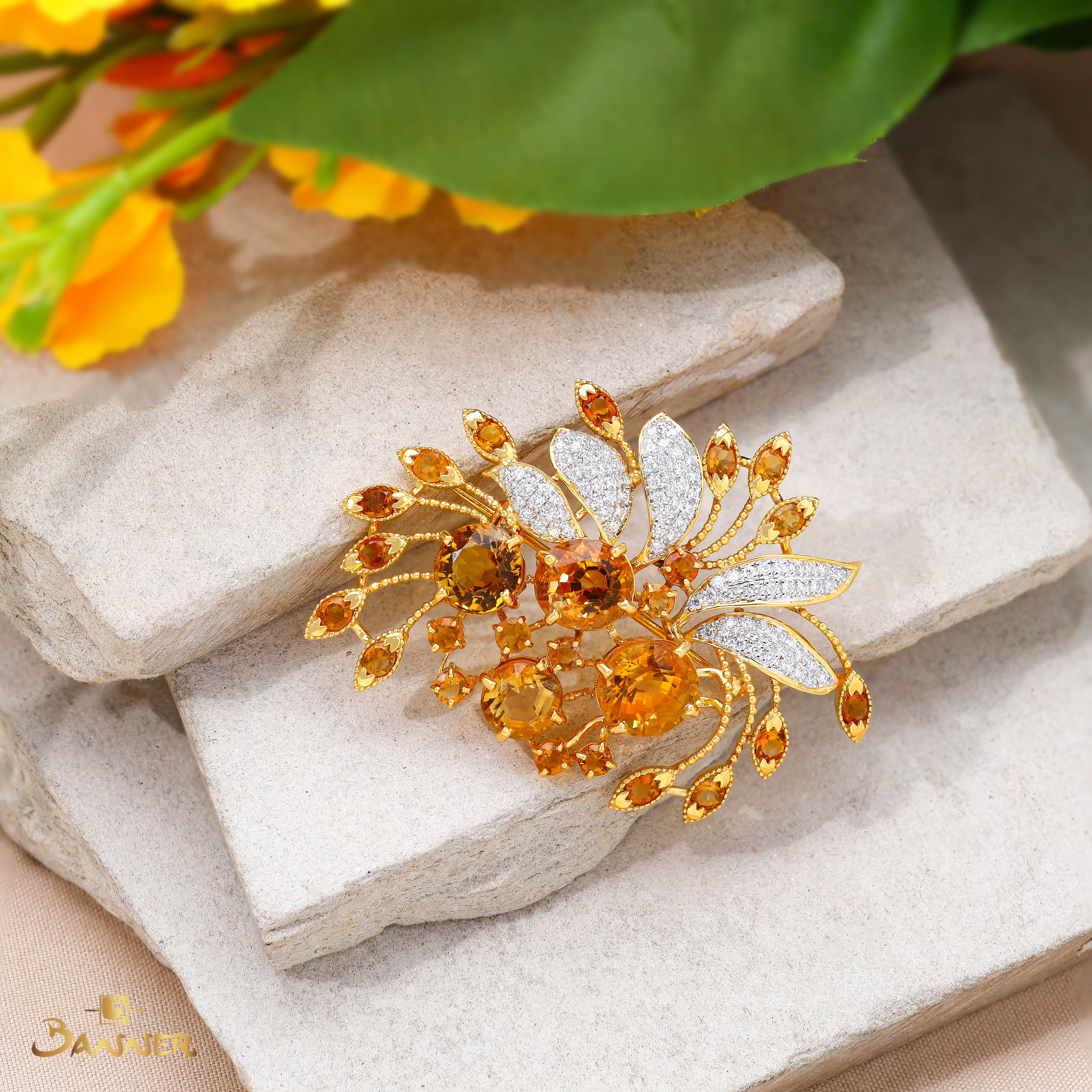 Citrine and Diamond Floral Brooch