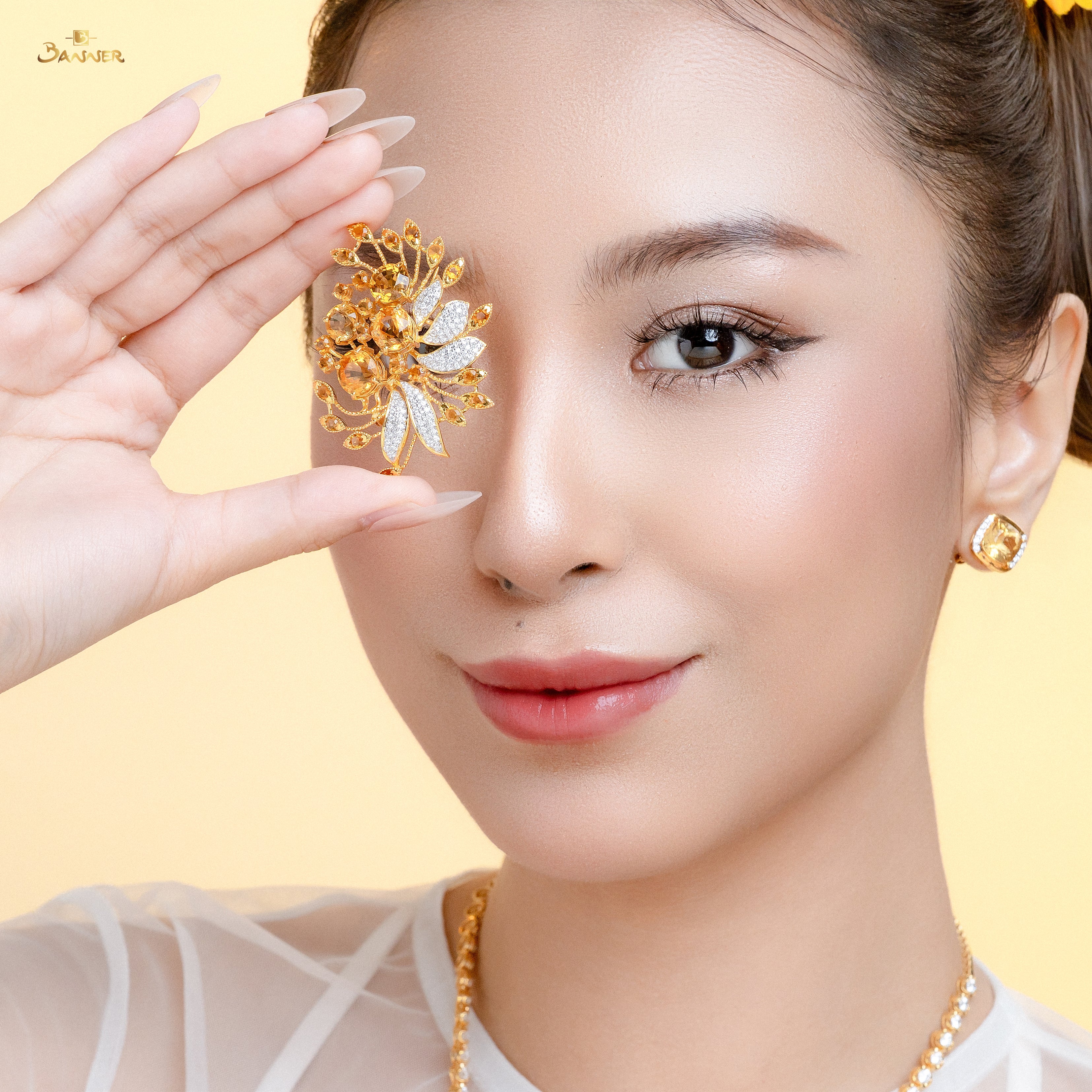 Citrine and Diamond Floral Brooch